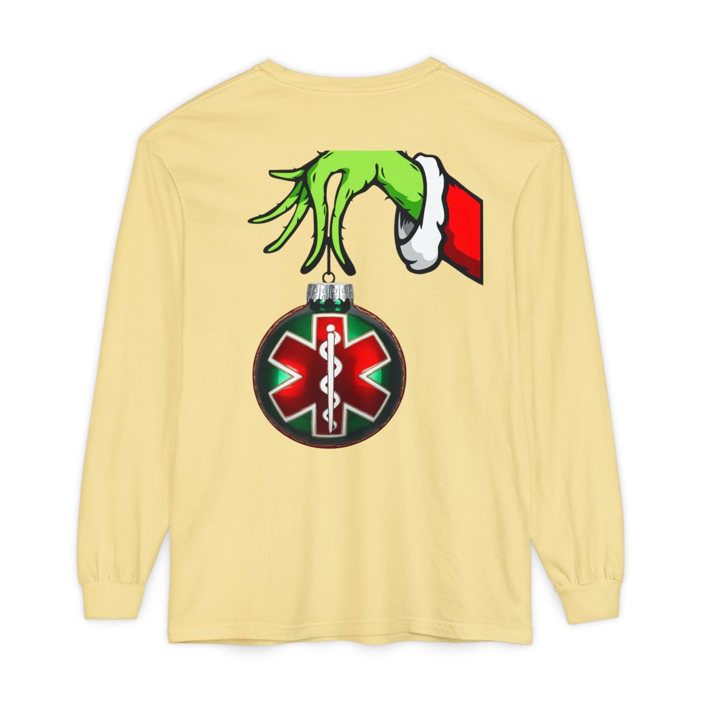 Grinch heart hands Emergency Department with EMS ornament Unisex Garment-dyed Long Sleeve T-Shirt