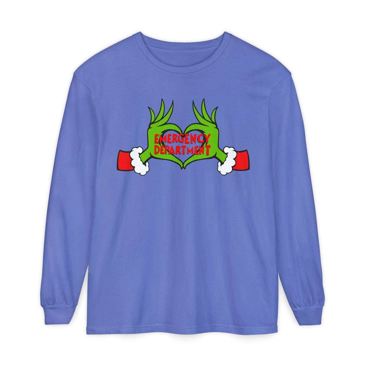 Grinch heart hands Emergency Department with EMS ornament Unisex Garment-dyed Long Sleeve T-Shirt