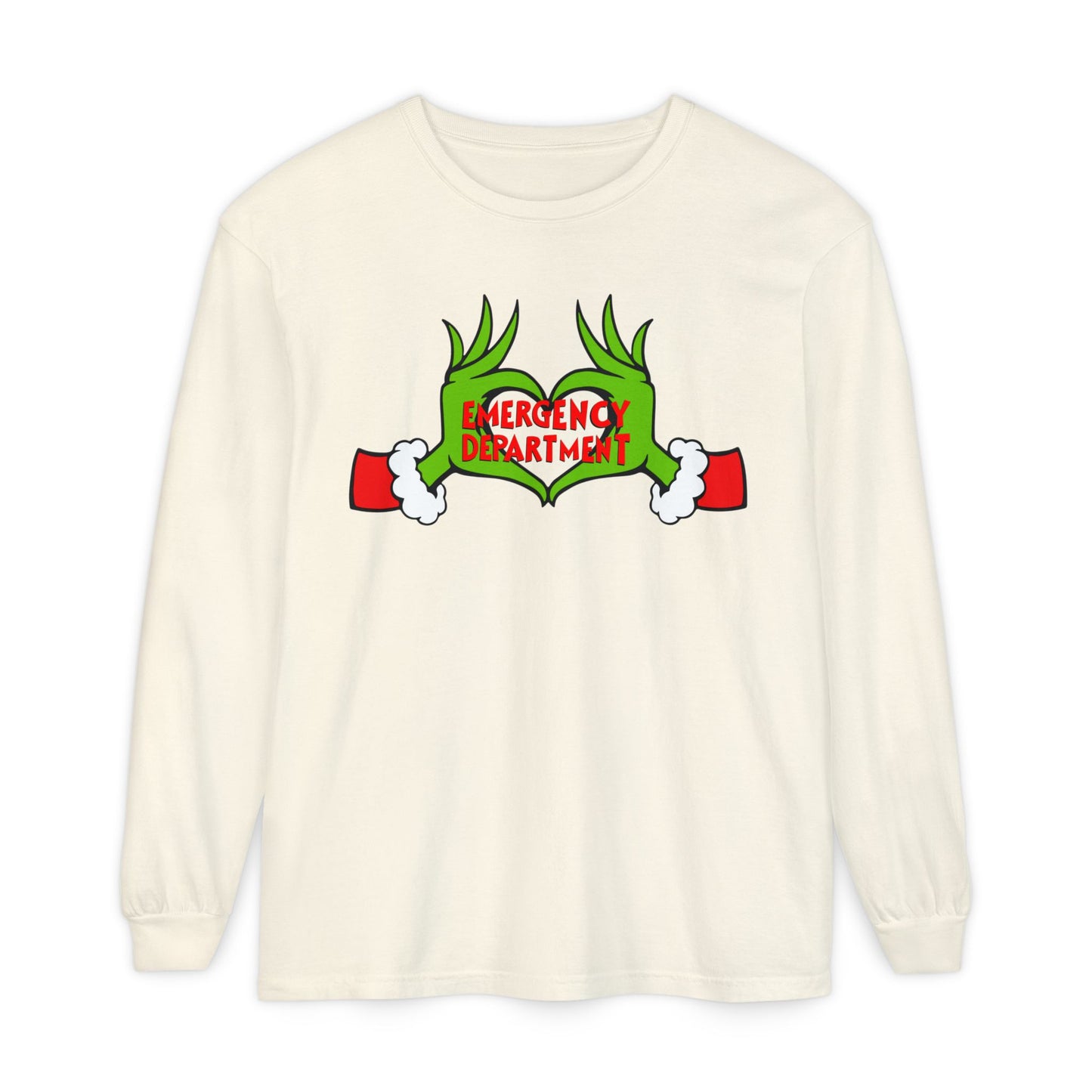 Grinch heart hands Emergency Department with EMS ornament Unisex Garment-dyed Long Sleeve T-Shirt
