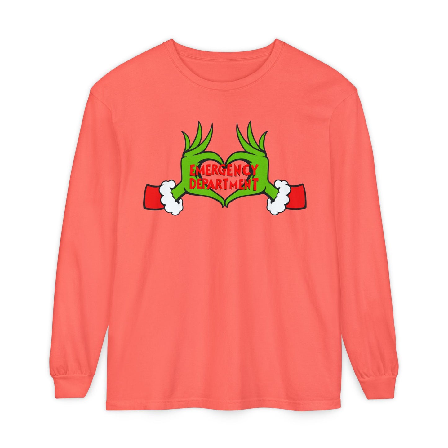 Grinch heart hands Emergency Department with EMS ornament Unisex Garment-dyed Long Sleeve T-Shirt