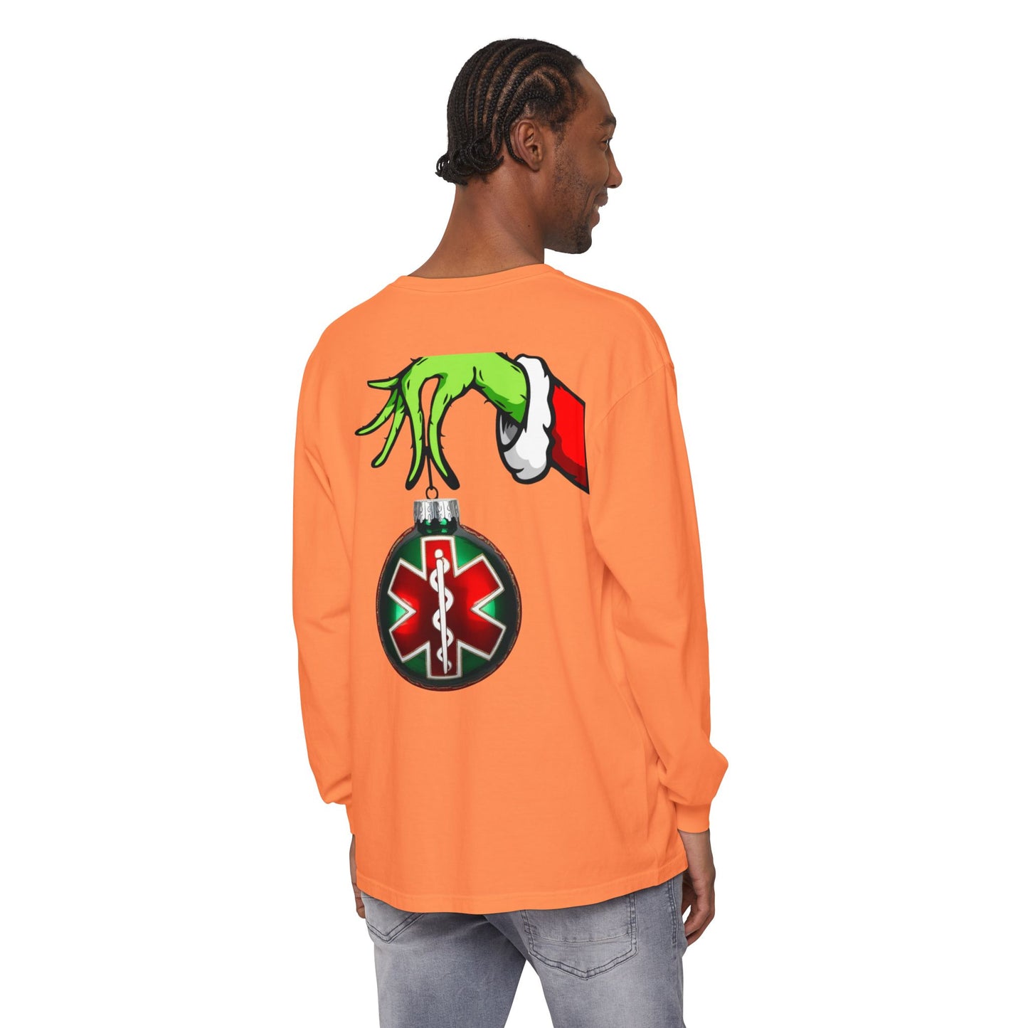 Grinch heart hands Emergency Department with EMS ornament Unisex Garment-dyed Long Sleeve T-Shirt
