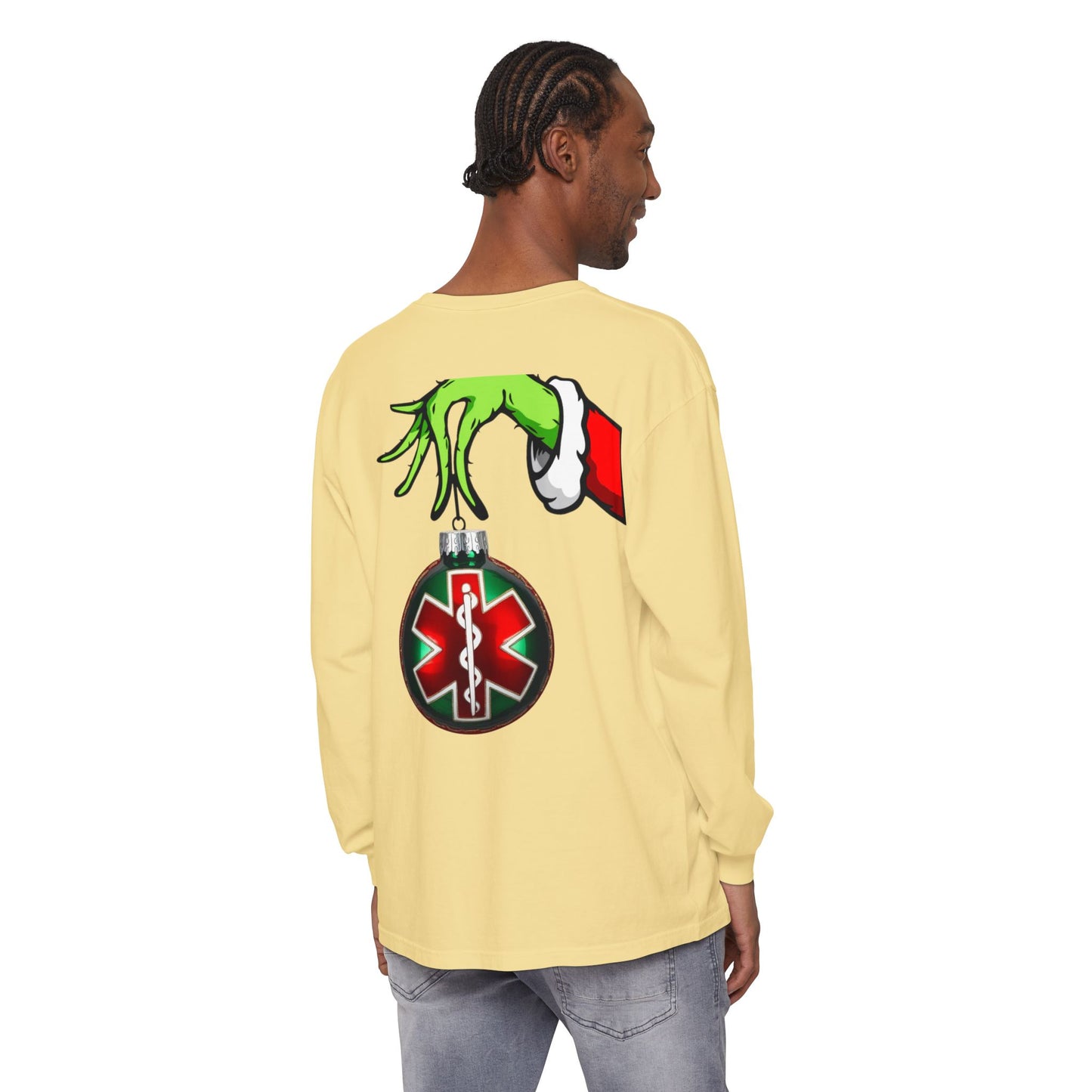 Grinch heart hands Emergency Department with EMS ornament Unisex Garment-dyed Long Sleeve T-Shirt
