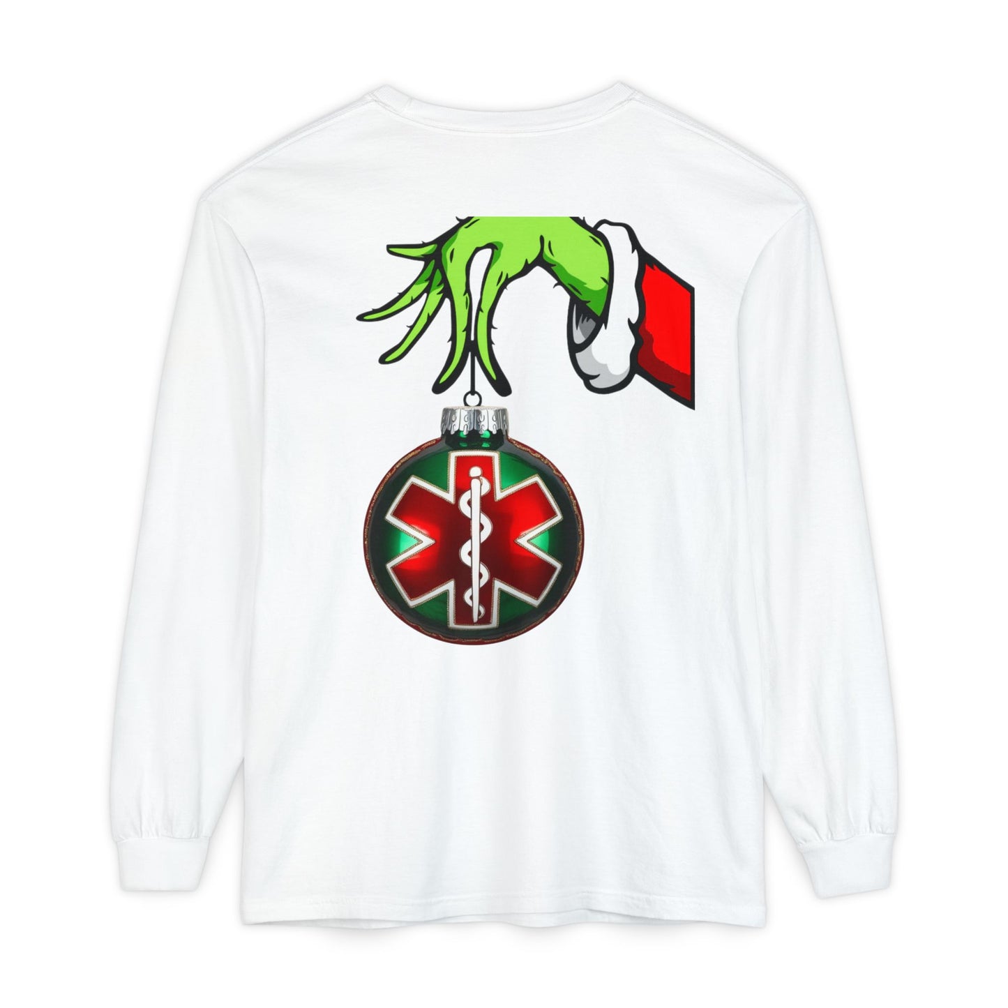 Grinch heart hands Emergency Department with EMS ornament Unisex Garment-dyed Long Sleeve T-Shirt
