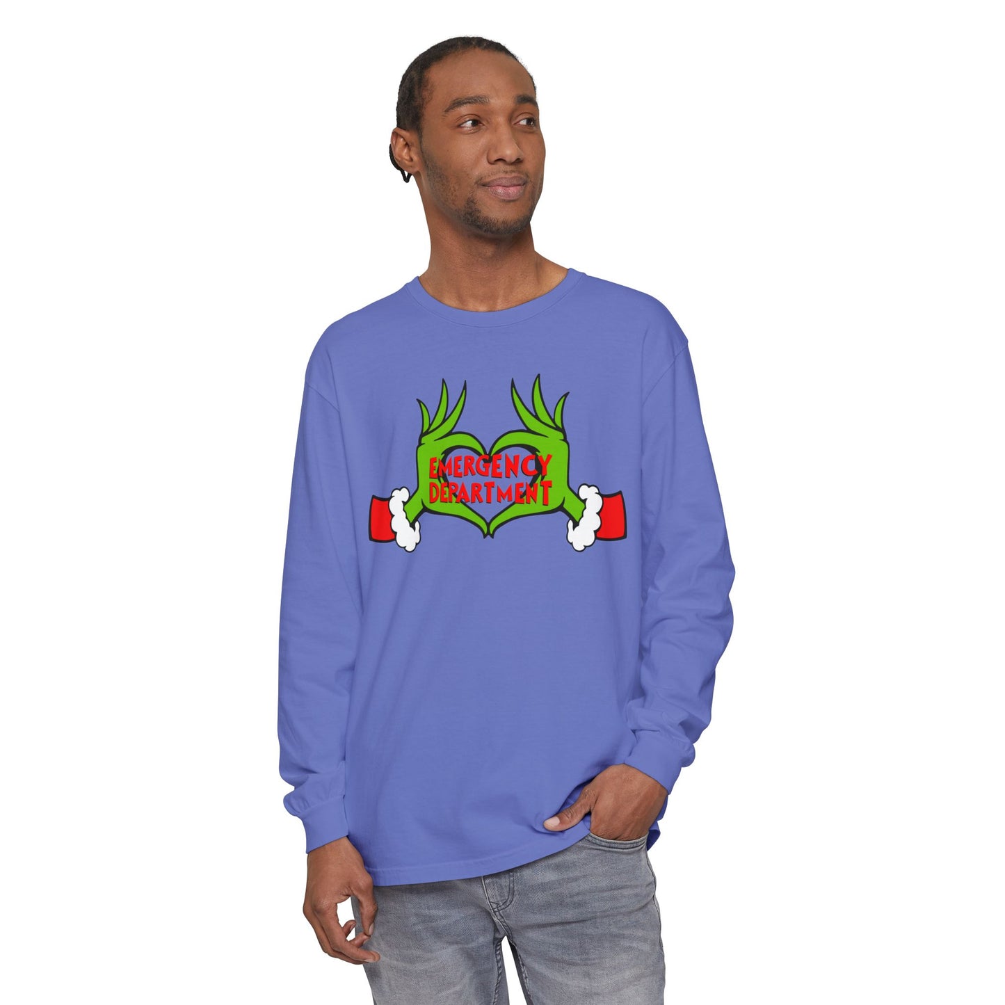 Grinch heart hands Emergency Department with EMS ornament Unisex Garment-dyed Long Sleeve T-Shirt