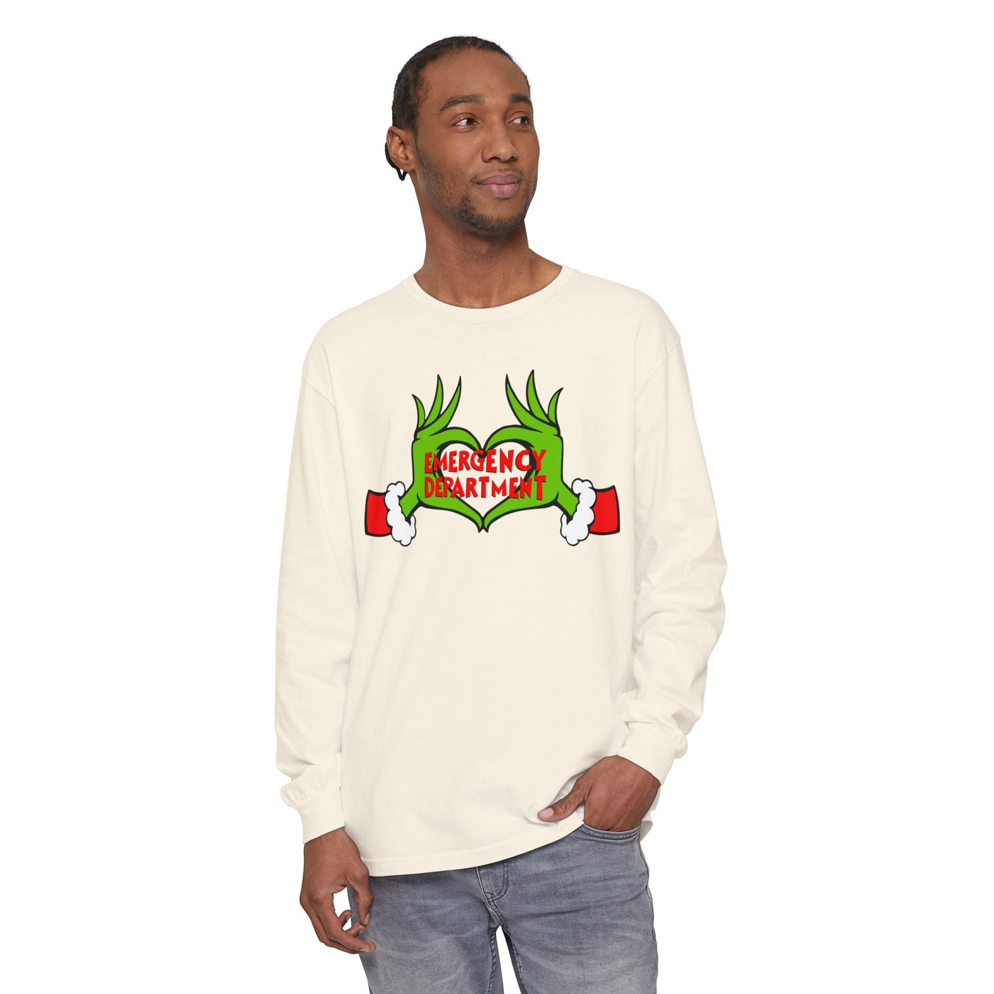 Grinch heart hands Emergency Department with EMS ornament Unisex Garment-dyed Long Sleeve T-Shirt