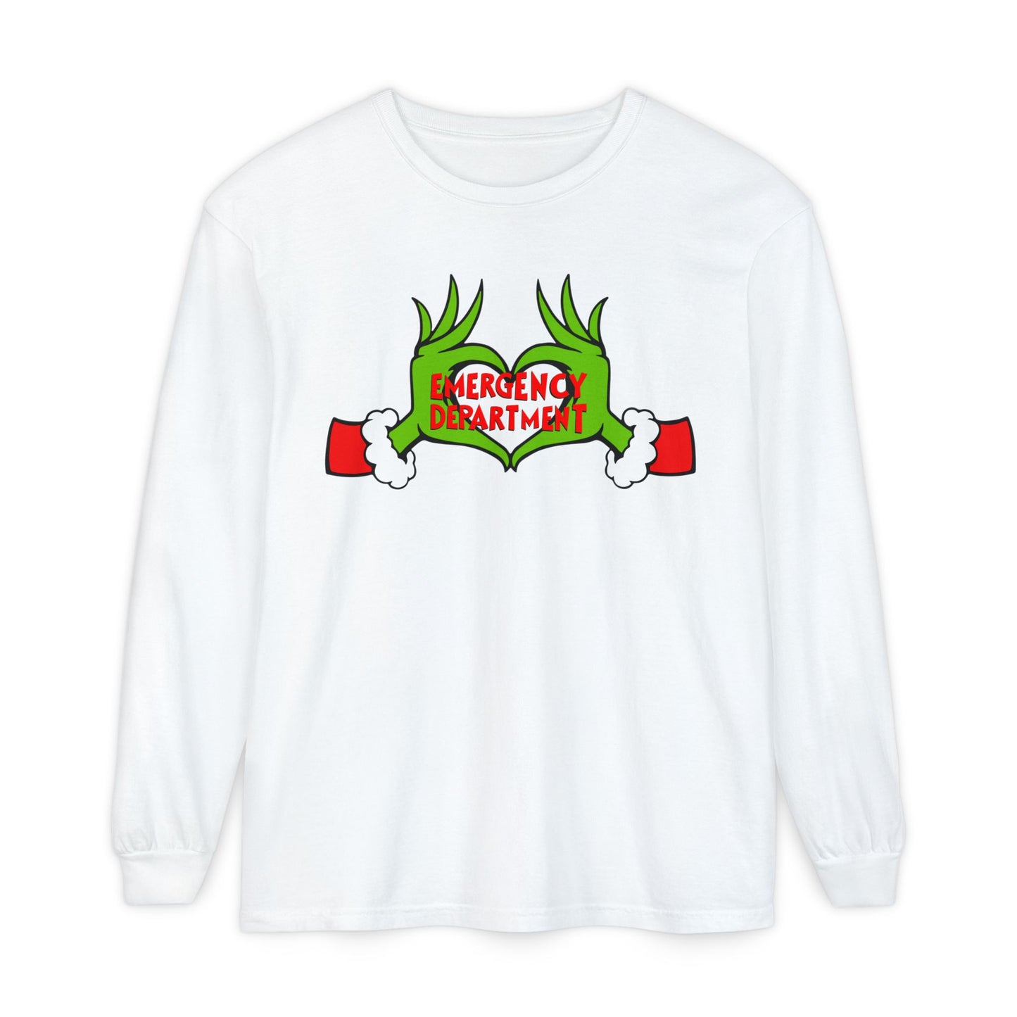Grinch heart hands Emergency Department with EMS ornament Unisex Garment-dyed Long Sleeve T-Shirt