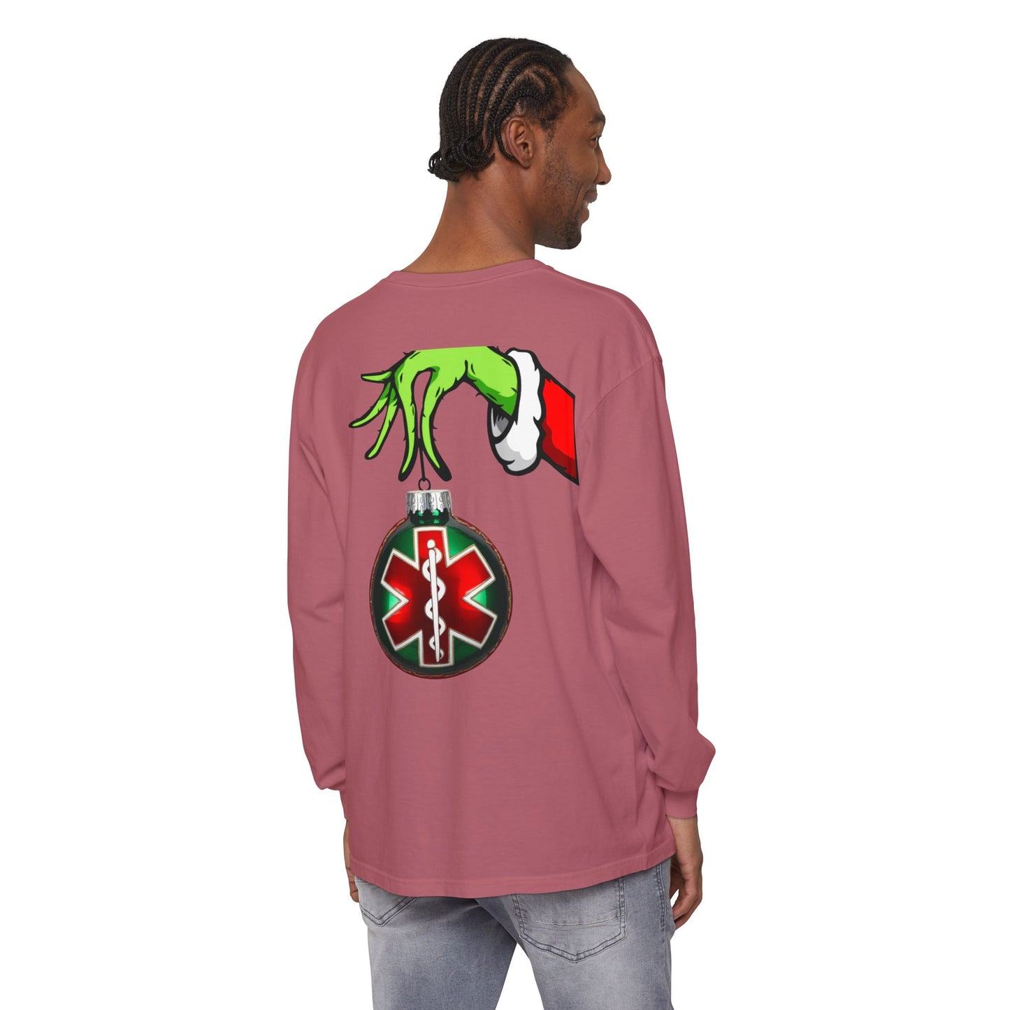 Grinch heart hands Emergency Department with EMS ornament Unisex Garment-dyed Long Sleeve T-Shirt
