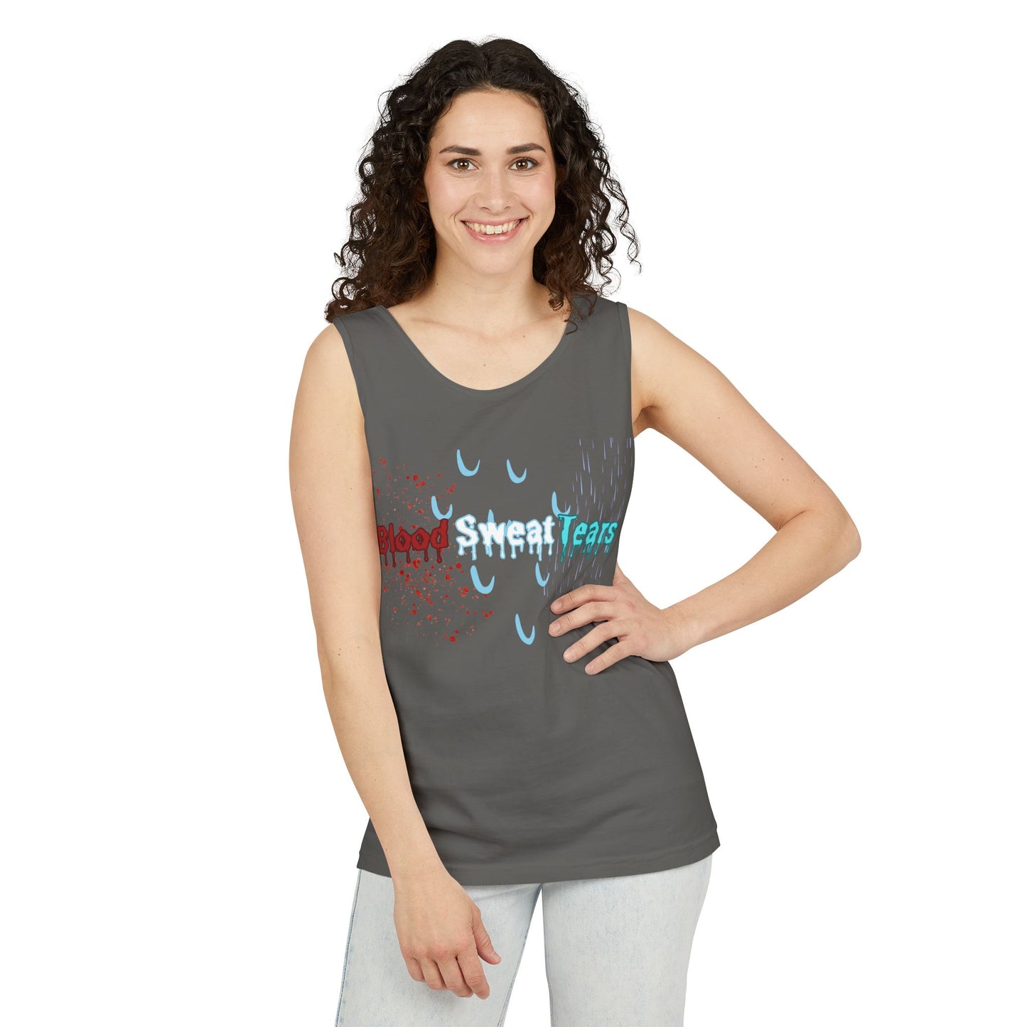 Blood sweat and tears stacked skull workout Unisex Garment-Dyed Tank Top