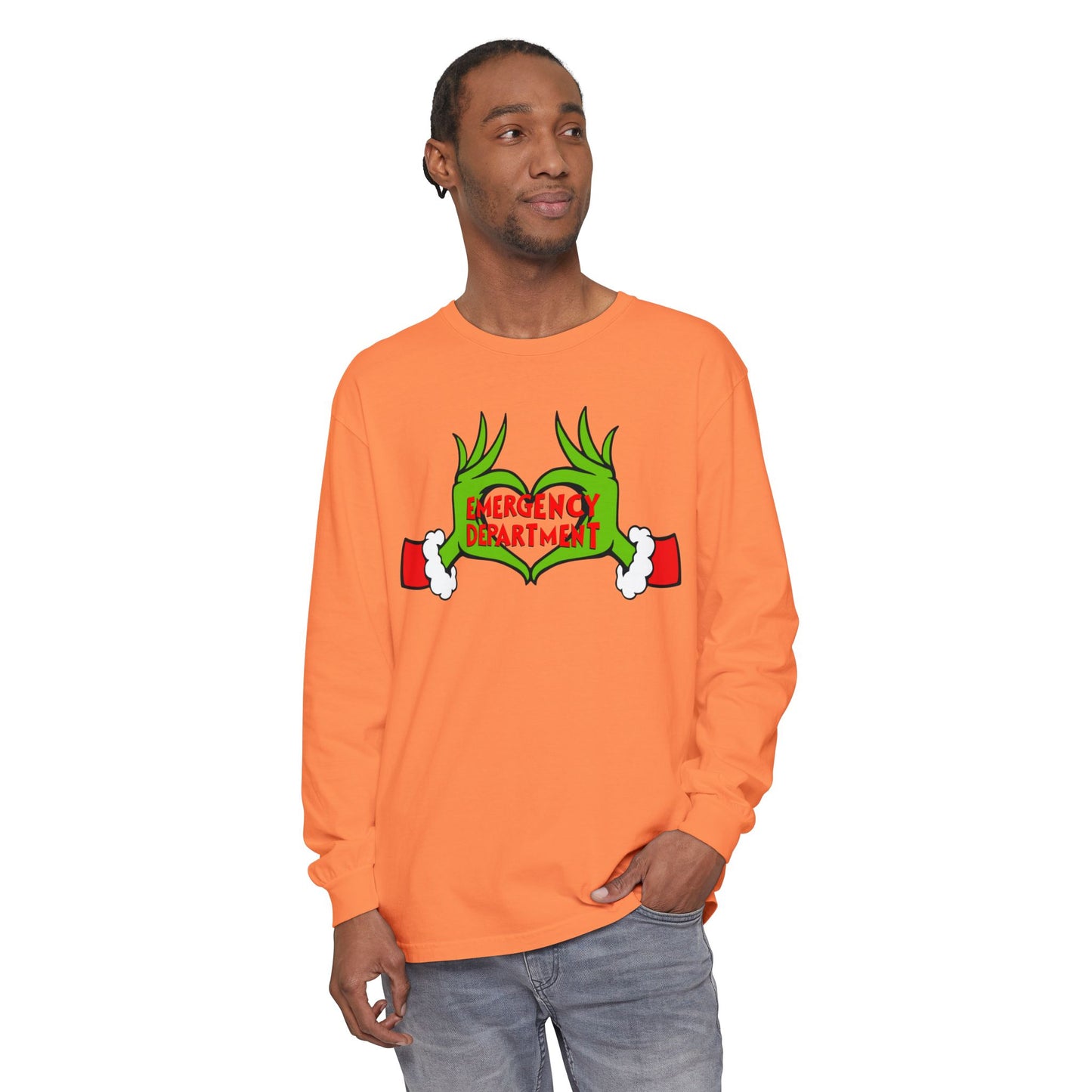 Grinch heart hands Emergency Department with EMS ornament Unisex Garment-dyed Long Sleeve T-Shirt