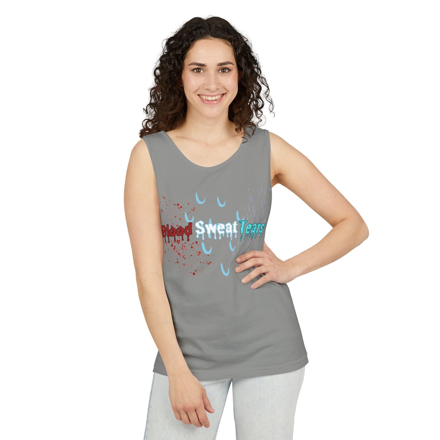 Blood sweat and tears stacked skull workout Unisex Garment-Dyed Tank Top
