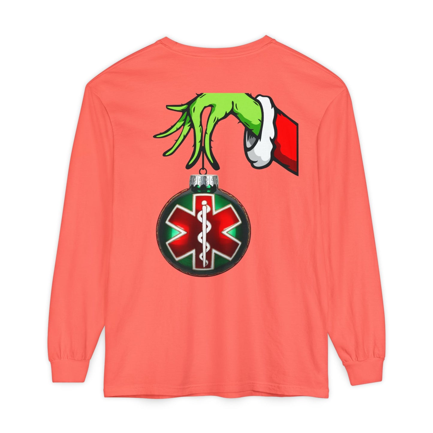 Grinch heart hands Emergency Department with EMS ornament Unisex Garment-dyed Long Sleeve T-Shirt