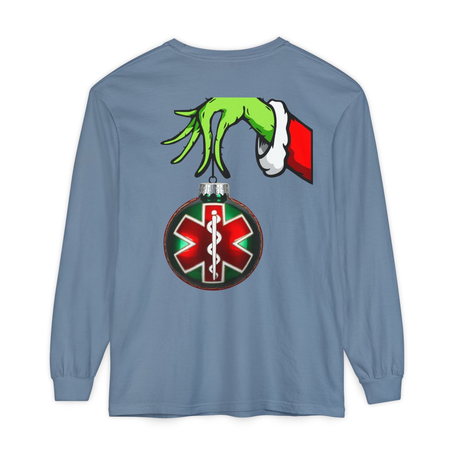 Grinch heart hands Emergency Department with EMS ornament Unisex Garment-dyed Long Sleeve T-Shirt