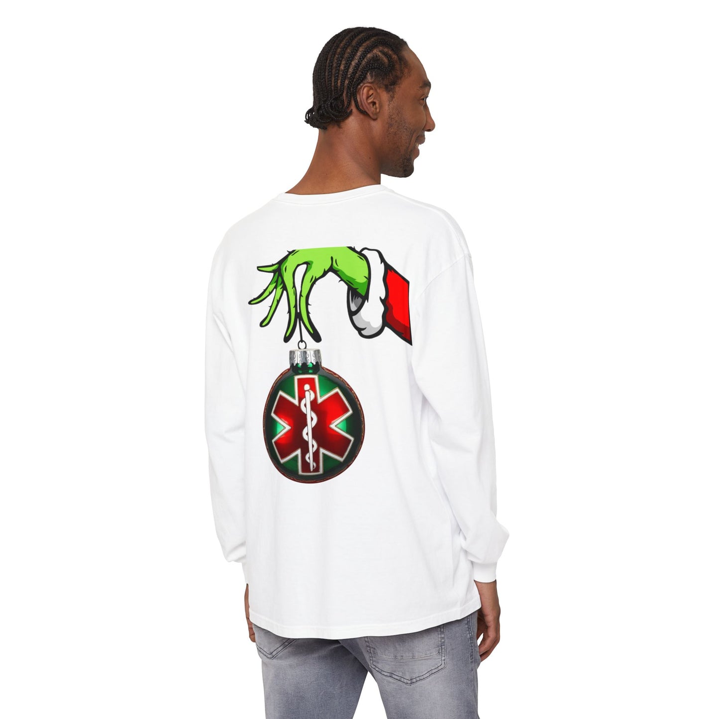 Grinch heart hands Emergency Department with EMS ornament Unisex Garment-dyed Long Sleeve T-Shirt