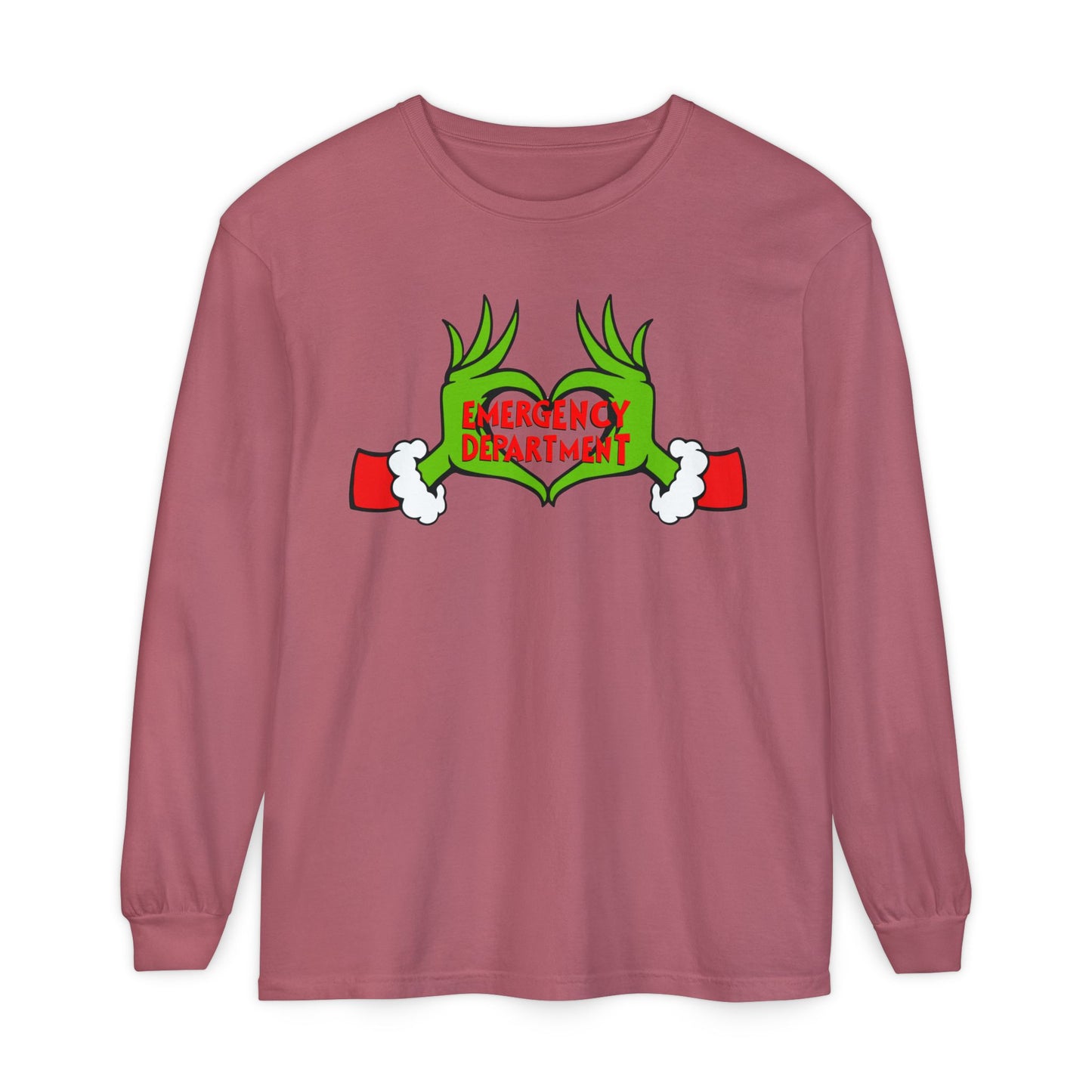 Grinch heart hands Emergency Department with EMS ornament Unisex Garment-dyed Long Sleeve T-Shirt