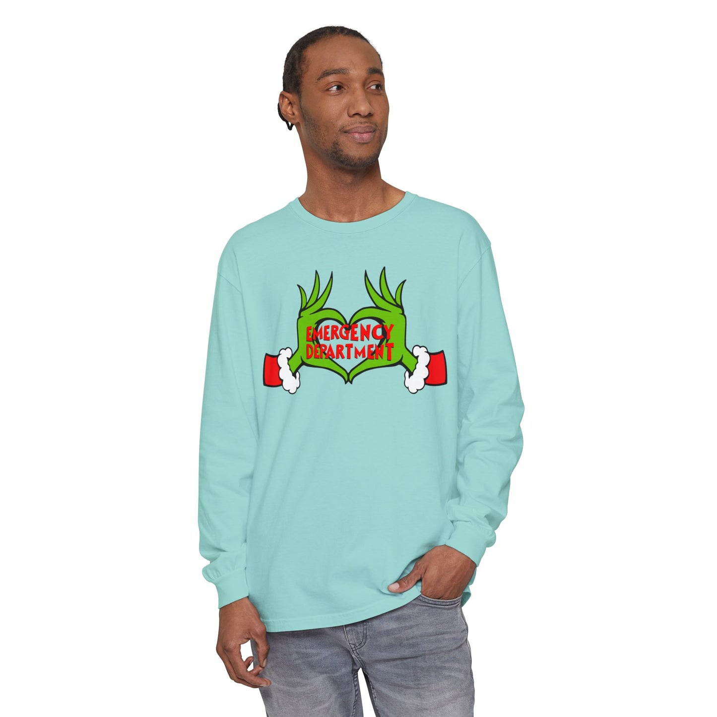 Grinch heart hands Emergency Department with EMS ornament Unisex Garment-dyed Long Sleeve T-Shirt