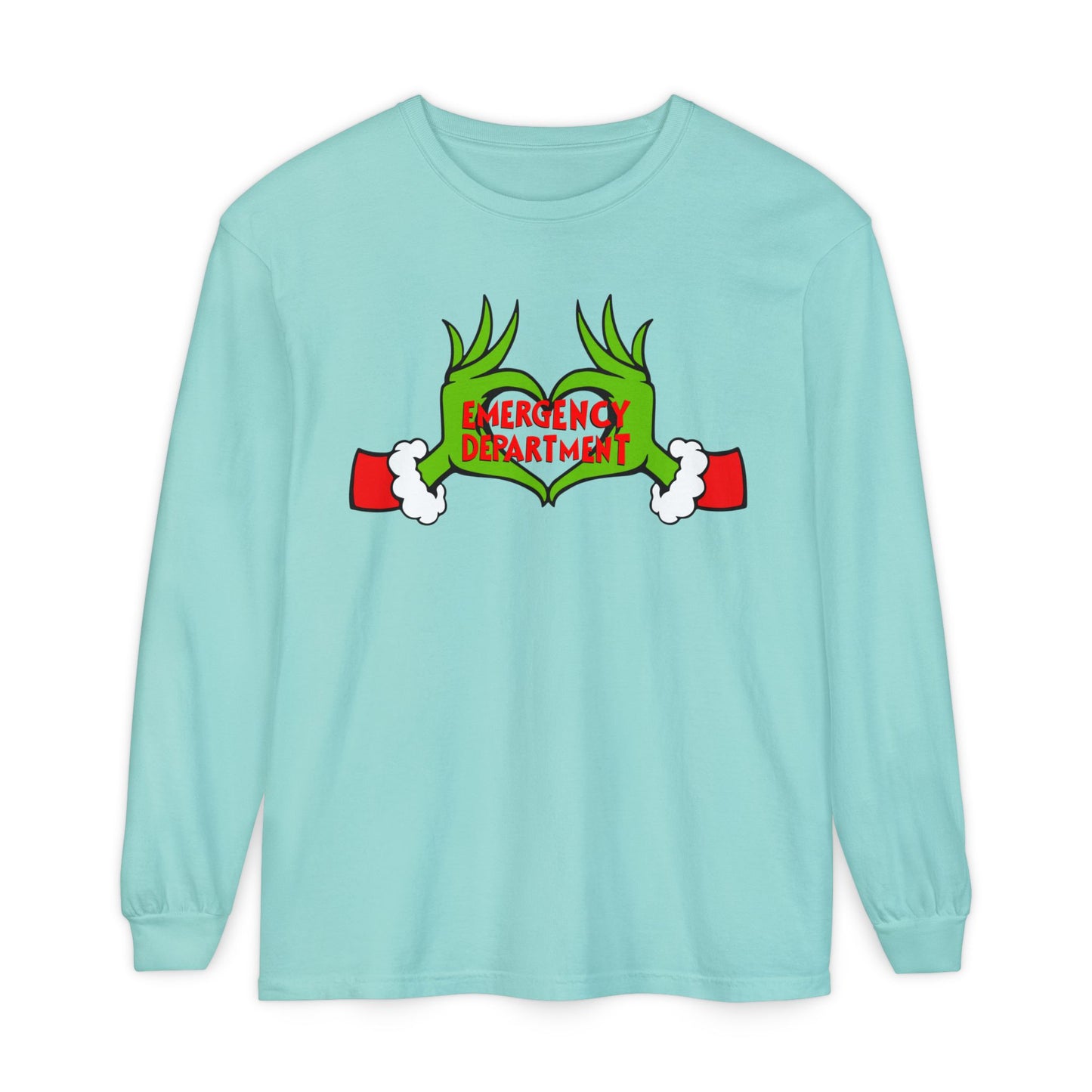 Grinch heart hands Emergency Department with EMS ornament Unisex Garment-dyed Long Sleeve T-Shirt