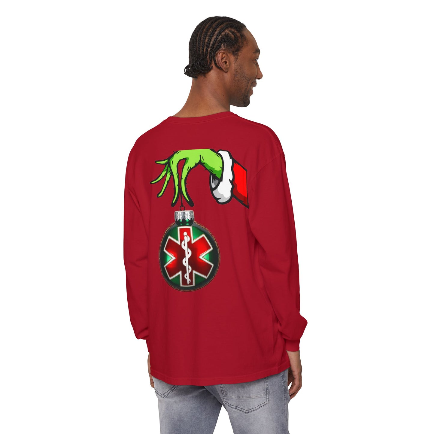 Grinch heart hands Emergency Department with EMS ornament Unisex Garment-dyed Long Sleeve T-Shirt