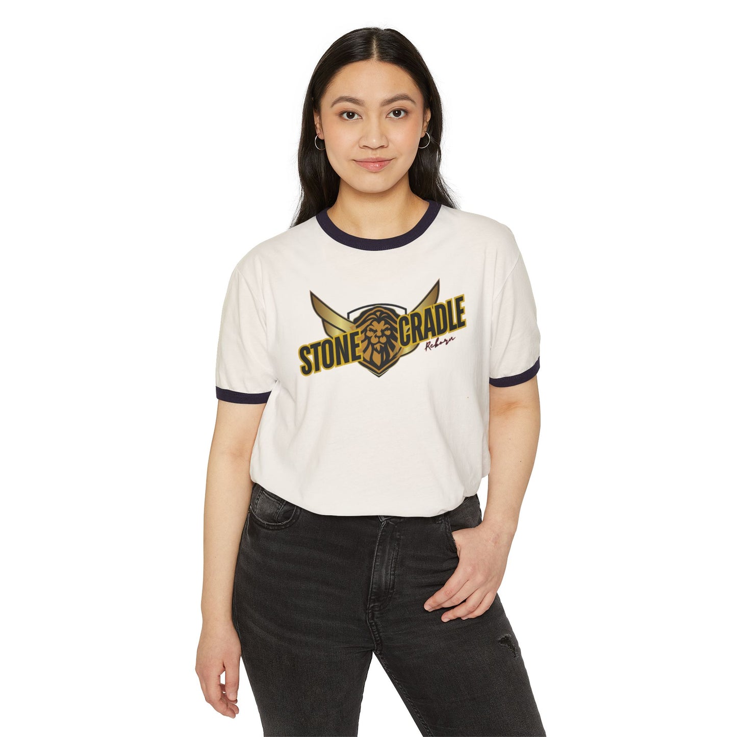 Unisex Cotton Ringer T-Shirt. Stone cradle