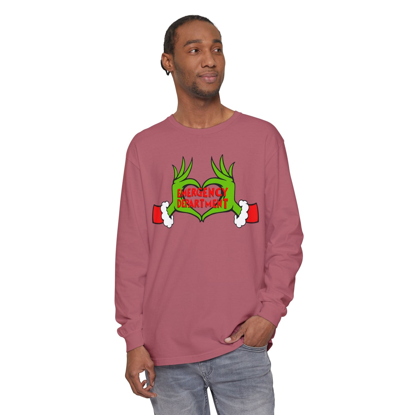 Grinch heart hands Emergency Department with EMS ornament Unisex Garment-dyed Long Sleeve T-Shirt
