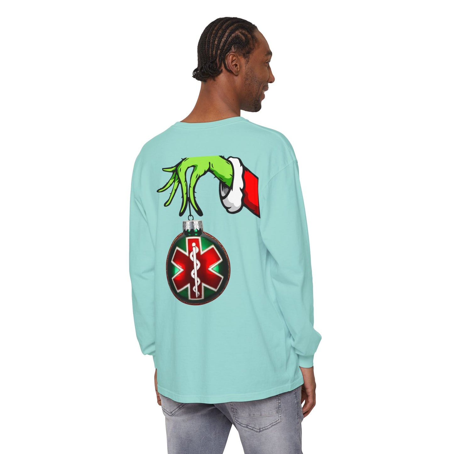 Grinch heart hands Emergency Department with EMS ornament Unisex Garment-dyed Long Sleeve T-Shirt