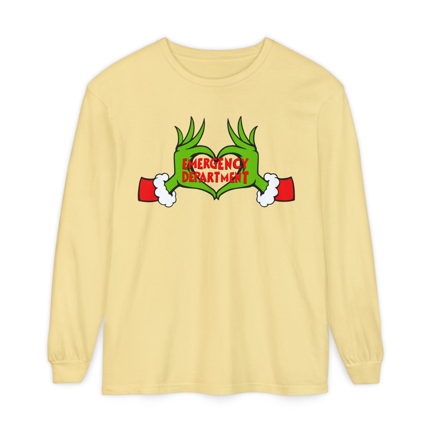 Grinch heart hands Emergency Department with EMS ornament Unisex Garment-dyed Long Sleeve T-Shirt