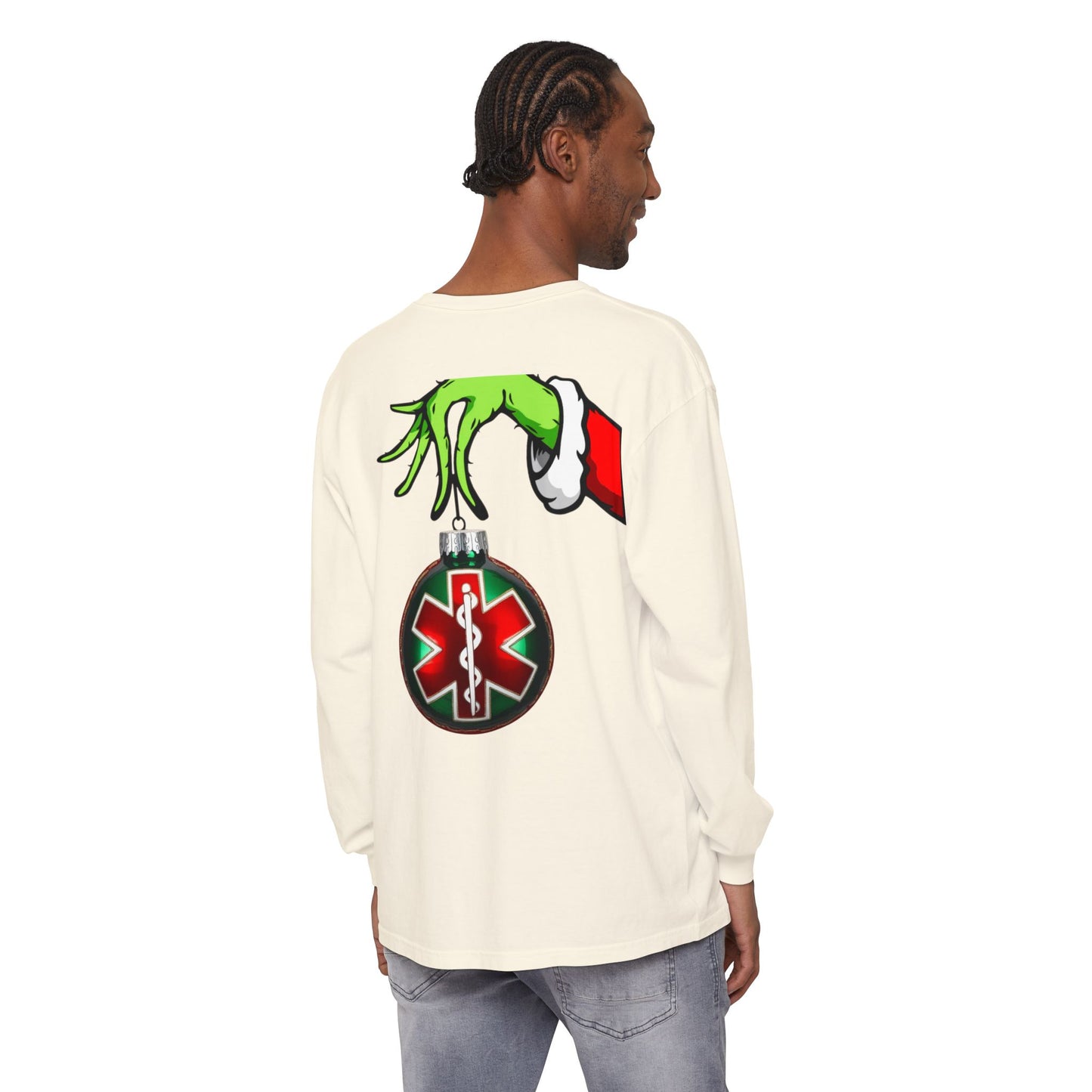 Grinch heart hands Emergency Department with EMS ornament Unisex Garment-dyed Long Sleeve T-Shirt