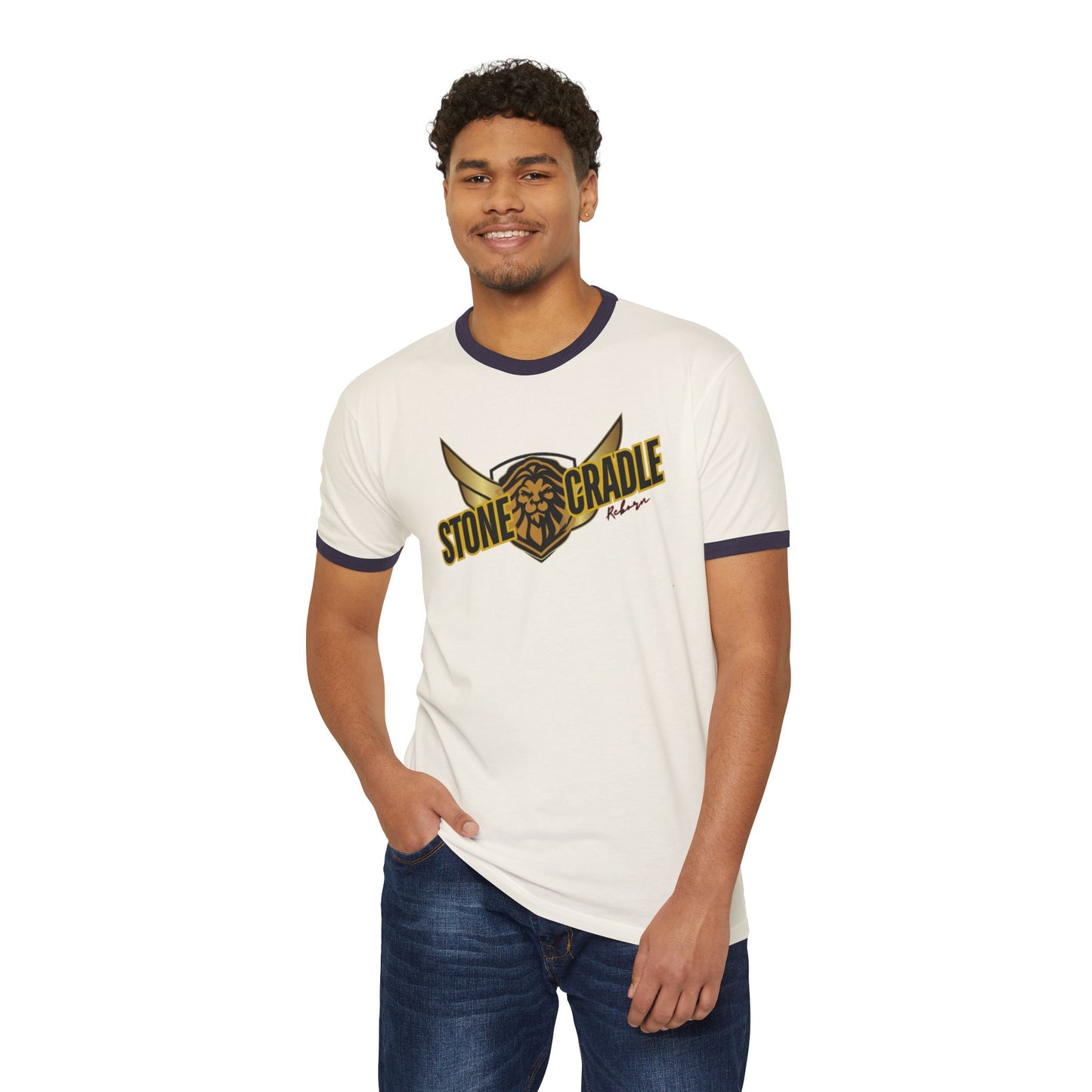 Unisex Cotton Ringer T-Shirt. Stone cradle