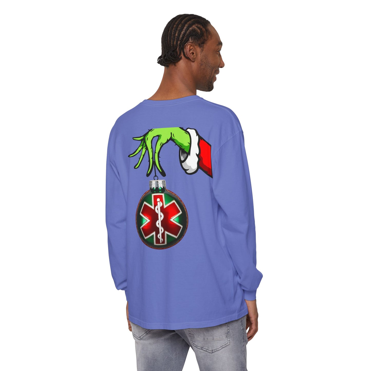Grinch heart hands Emergency Department with EMS ornament Unisex Garment-dyed Long Sleeve T-Shirt