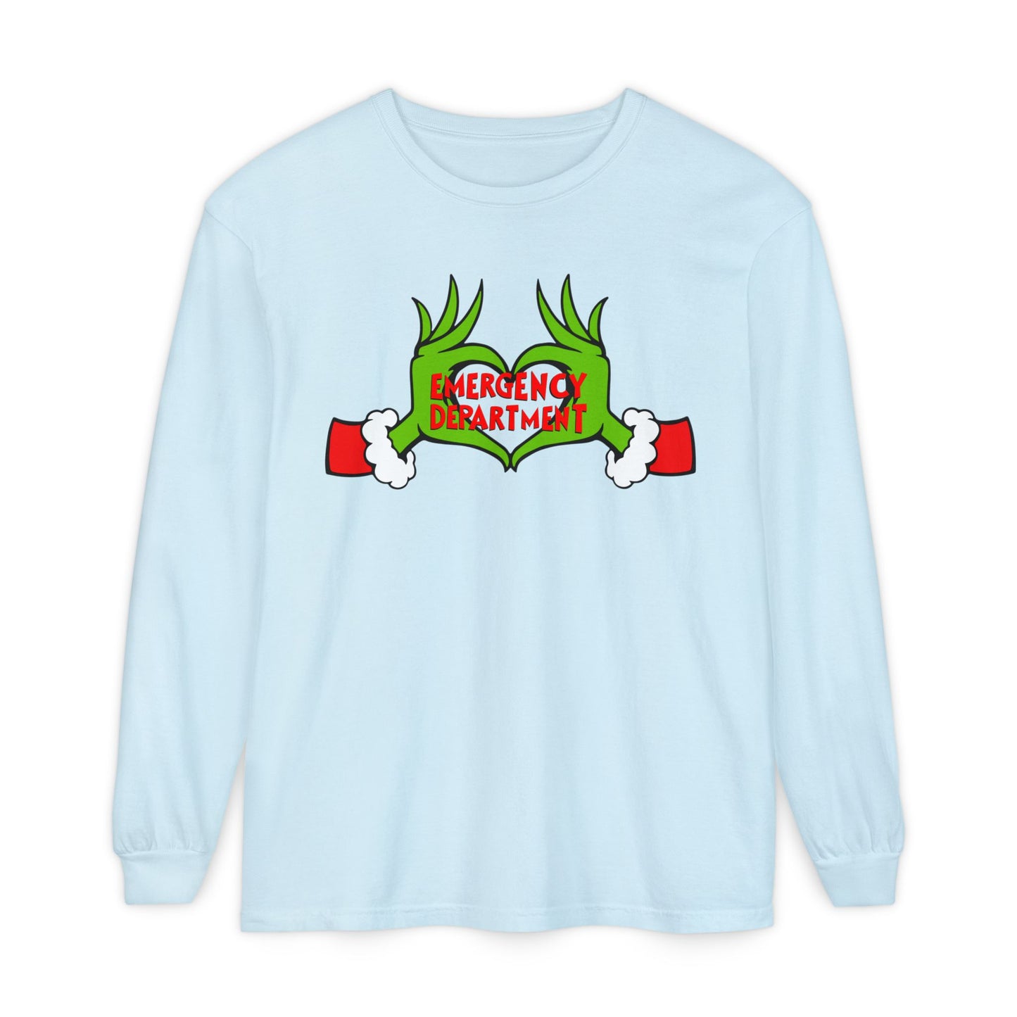 Grinch heart hands Emergency Department with EMS ornament Unisex Garment-dyed Long Sleeve T-Shirt