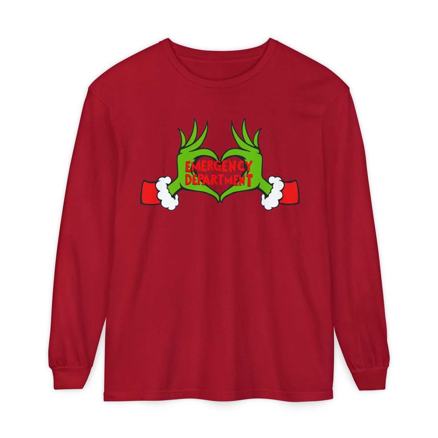 Grinch heart hands Emergency Department with EMS ornament Unisex Garment-dyed Long Sleeve T-Shirt