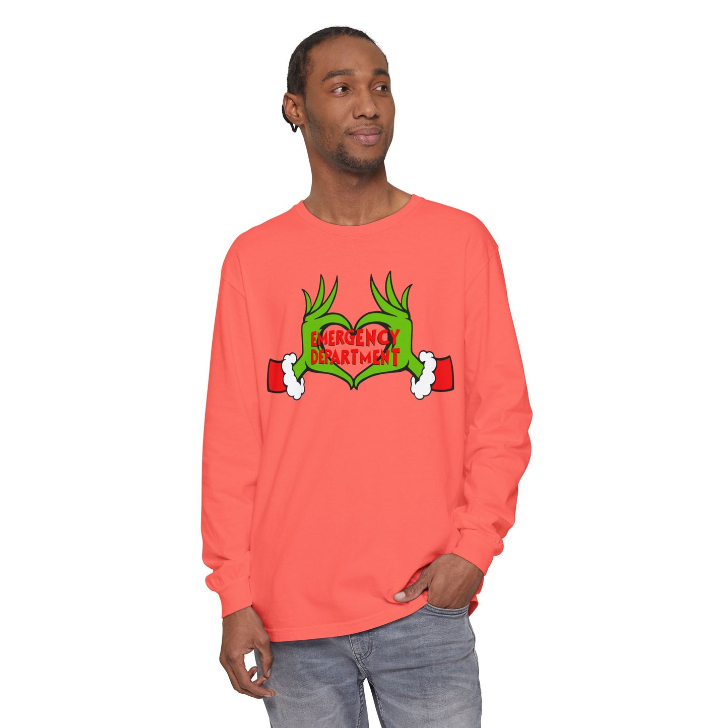 Grinch heart hands Emergency Department with EMS ornament Unisex Garment-dyed Long Sleeve T-Shirt