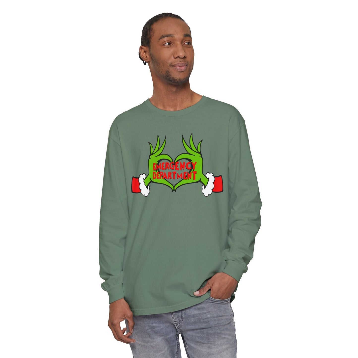 Grinch heart hands Emergency Department with EMS ornament Unisex Garment-dyed Long Sleeve T-Shirt