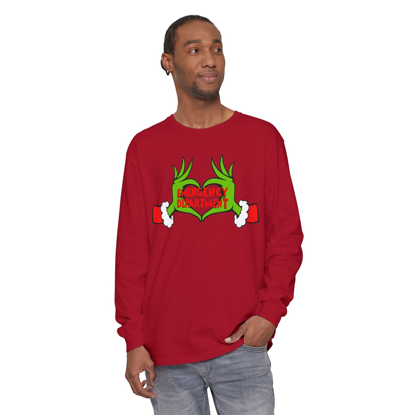 Grinch heart hands Emergency Department with EMS ornament Unisex Garment-dyed Long Sleeve T-Shirt