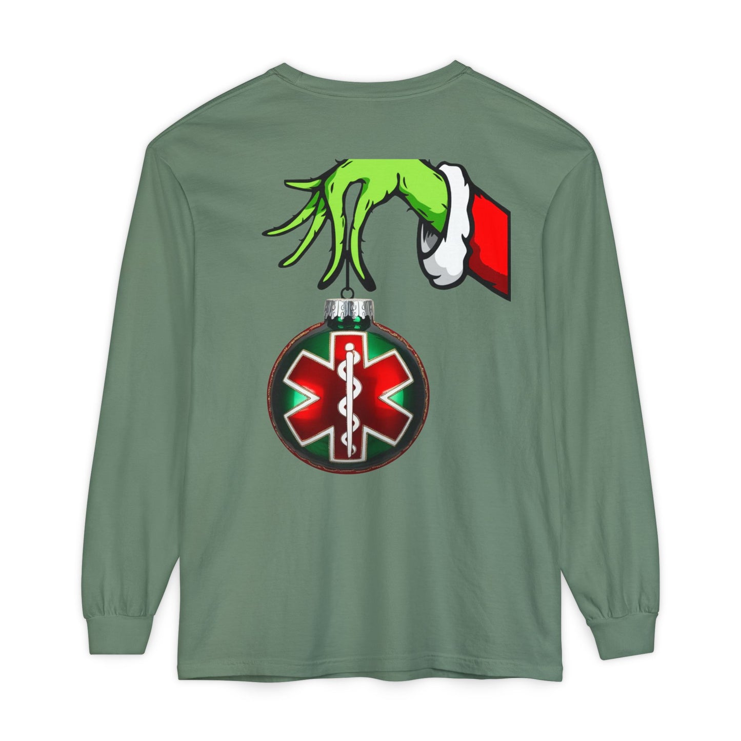 Grinch heart hands Emergency Department with EMS ornament Unisex Garment-dyed Long Sleeve T-Shirt