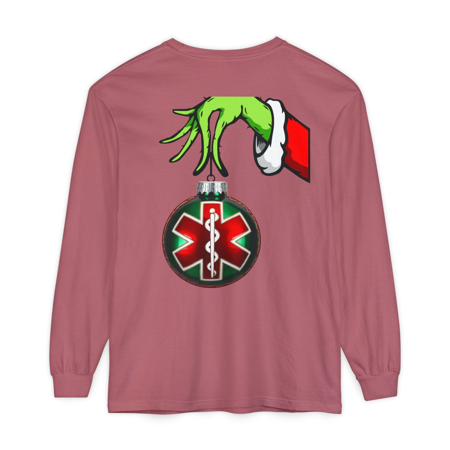 Grinch heart hands Emergency Department with EMS ornament Unisex Garment-dyed Long Sleeve T-Shirt