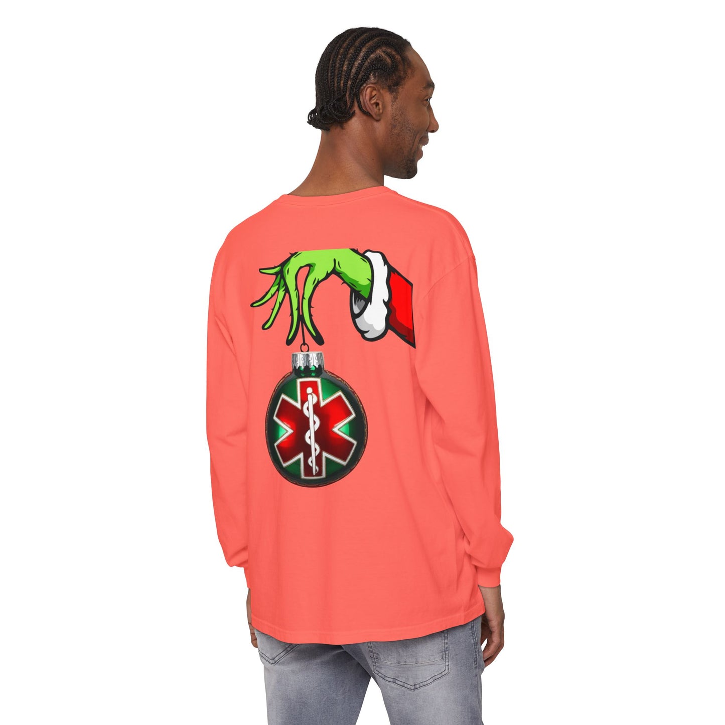 Grinch heart hands Emergency Department with EMS ornament Unisex Garment-dyed Long Sleeve T-Shirt