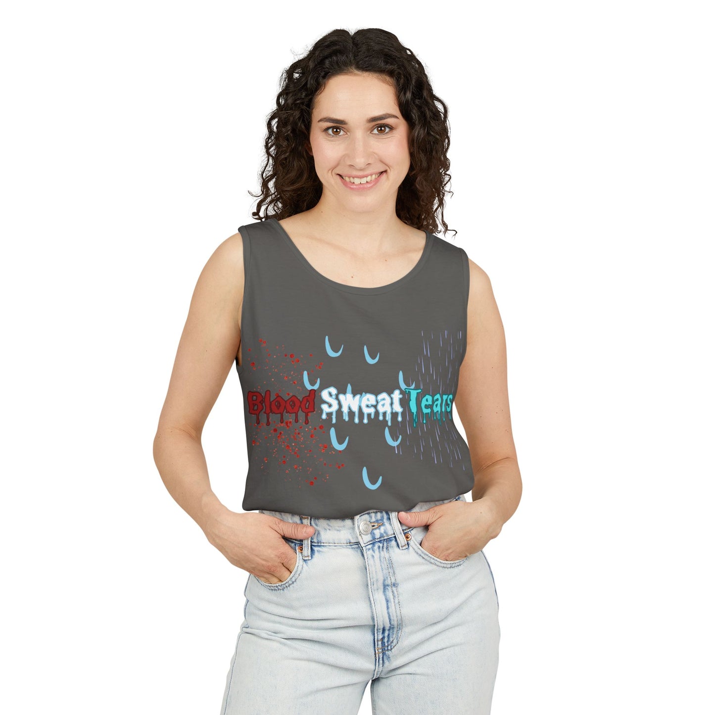 Blood sweat and tears stacked skull workout Unisex Garment-Dyed Tank Top