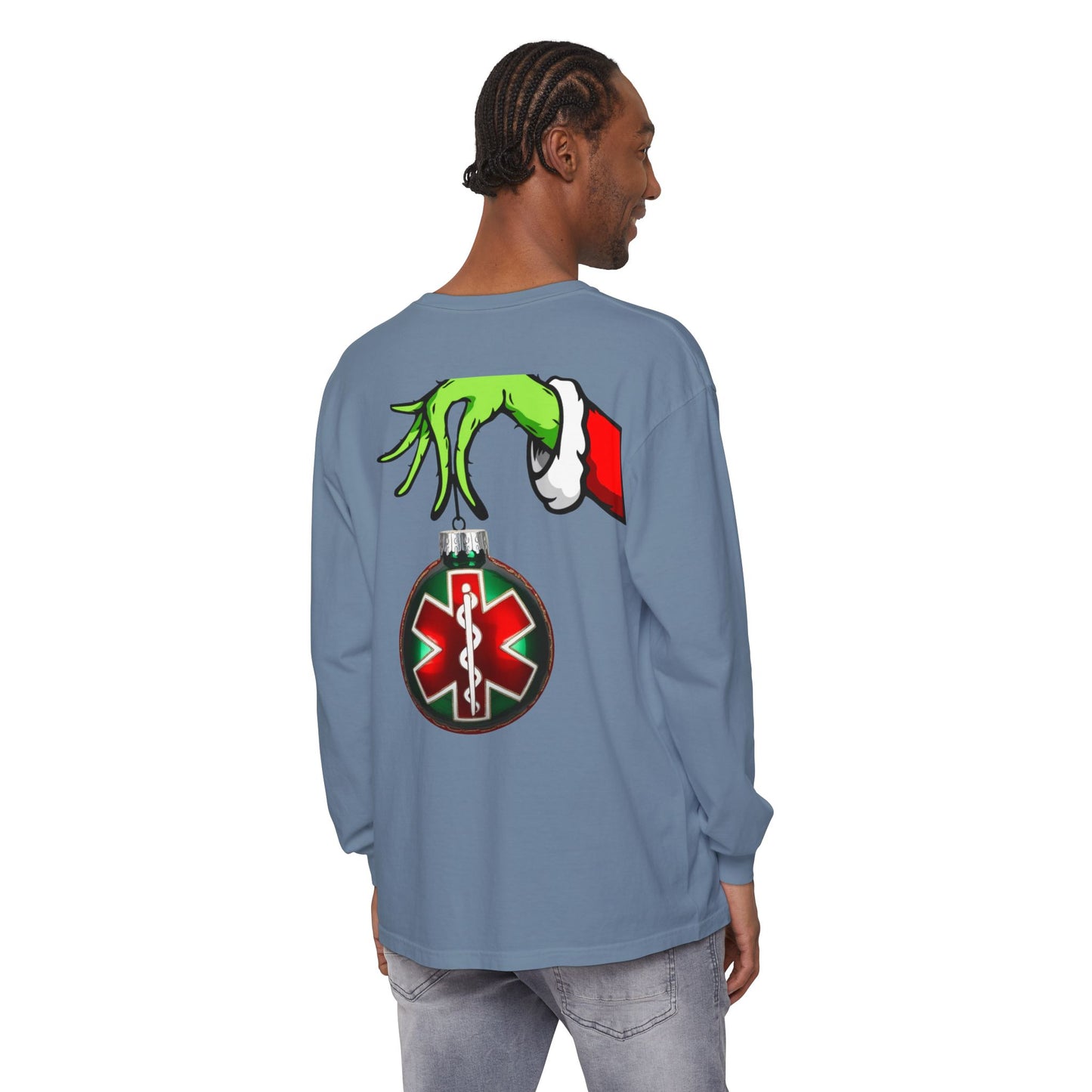 Grinch heart hands Emergency Department with EMS ornament Unisex Garment-dyed Long Sleeve T-Shirt