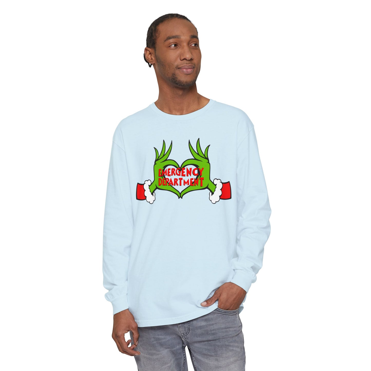 Grinch heart hands Emergency Department with EMS ornament Unisex Garment-dyed Long Sleeve T-Shirt