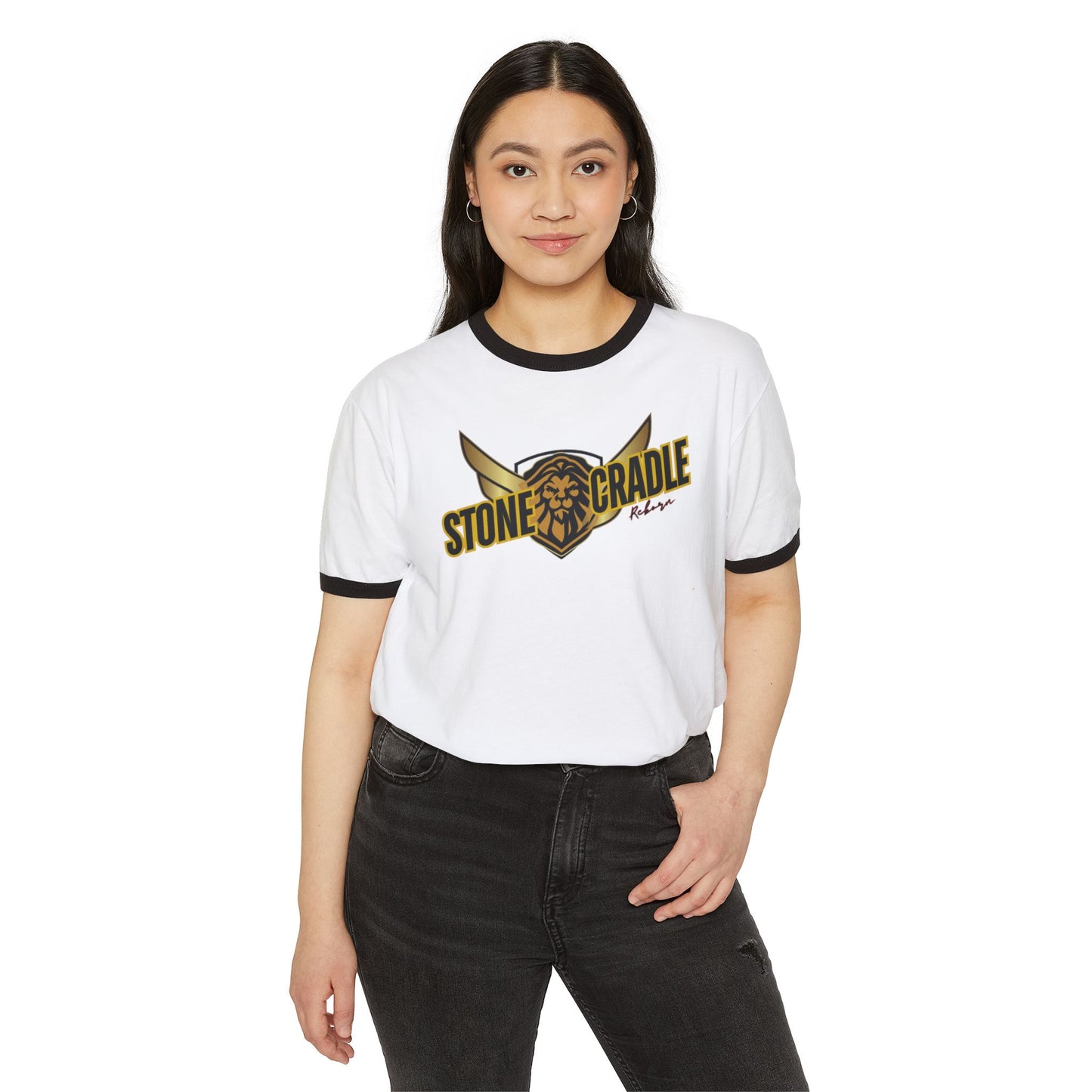 Unisex Cotton Ringer T-Shirt. Stone cradle