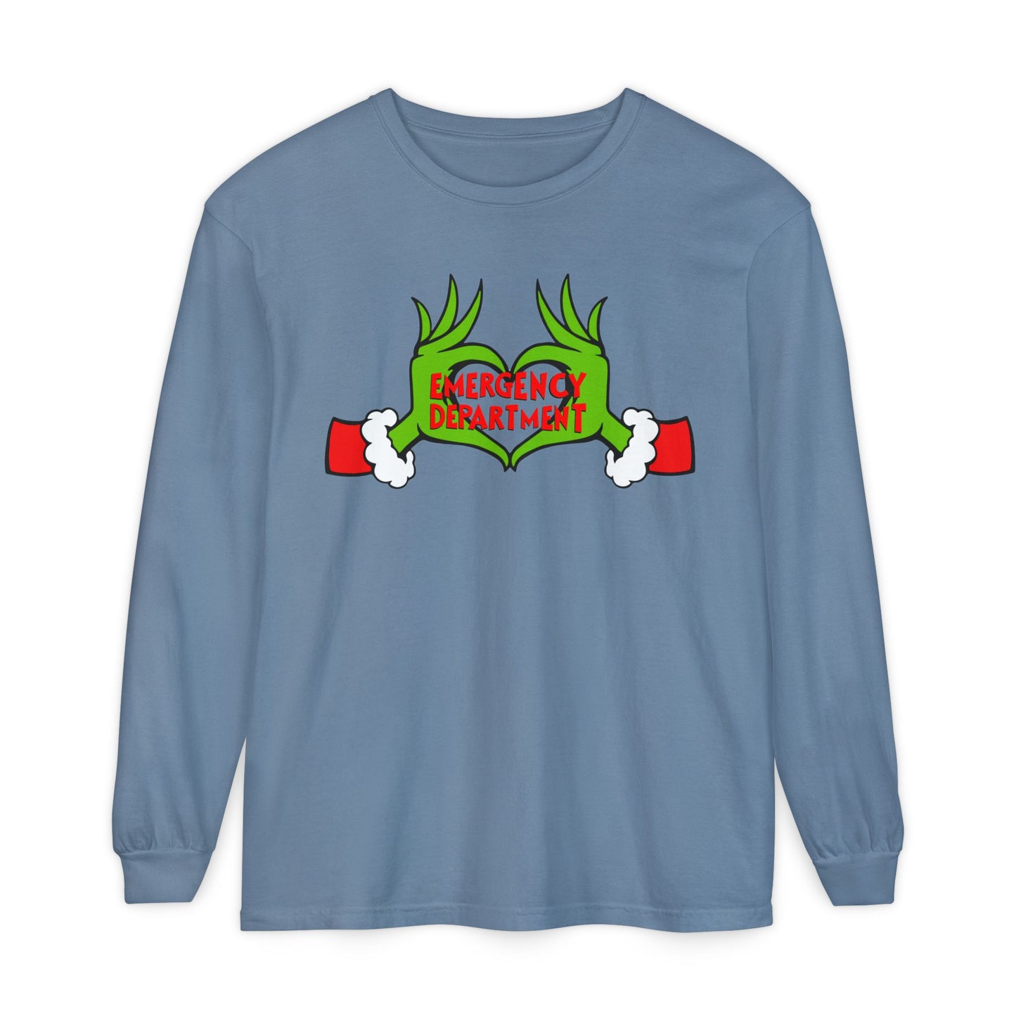 Grinch heart hands Emergency Department with EMS ornament Unisex Garment-dyed Long Sleeve T-Shirt