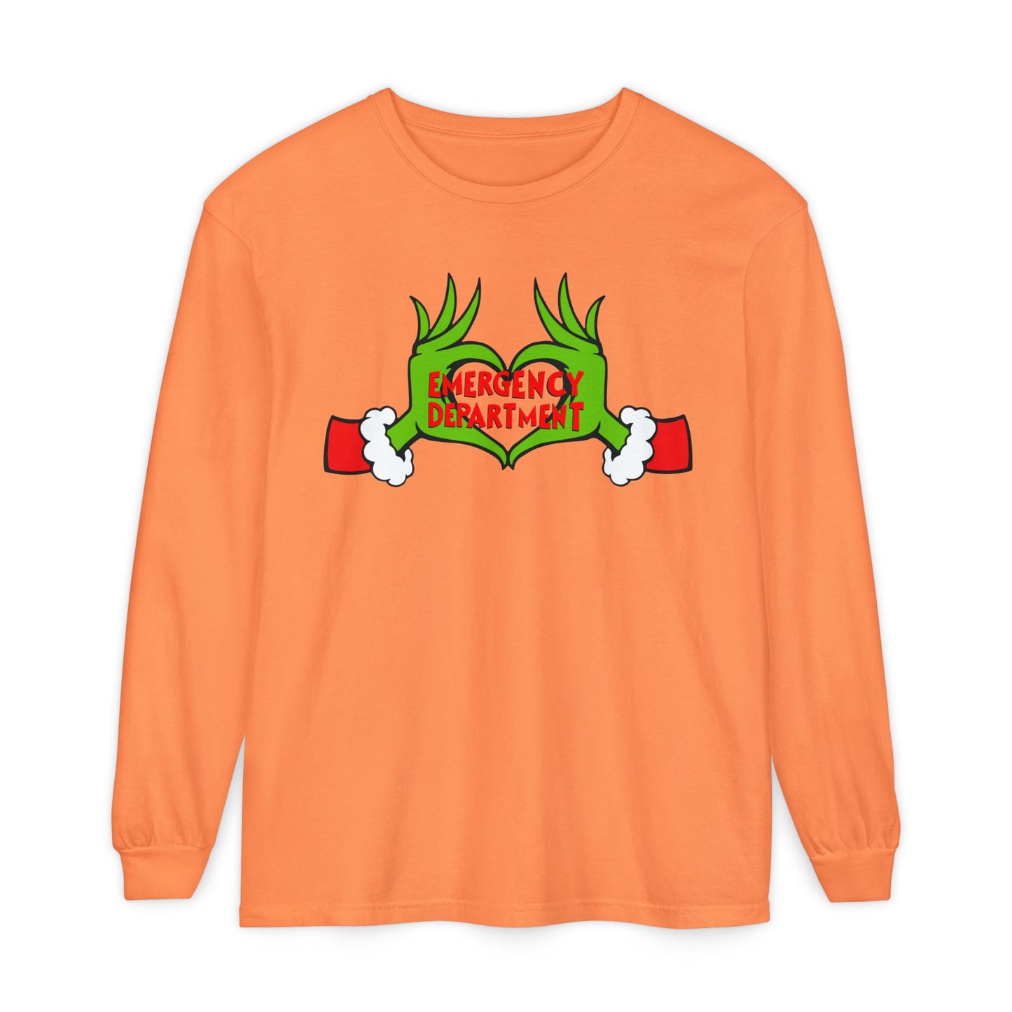 Grinch heart hands Emergency Department with EMS ornament Unisex Garment-dyed Long Sleeve T-Shirt