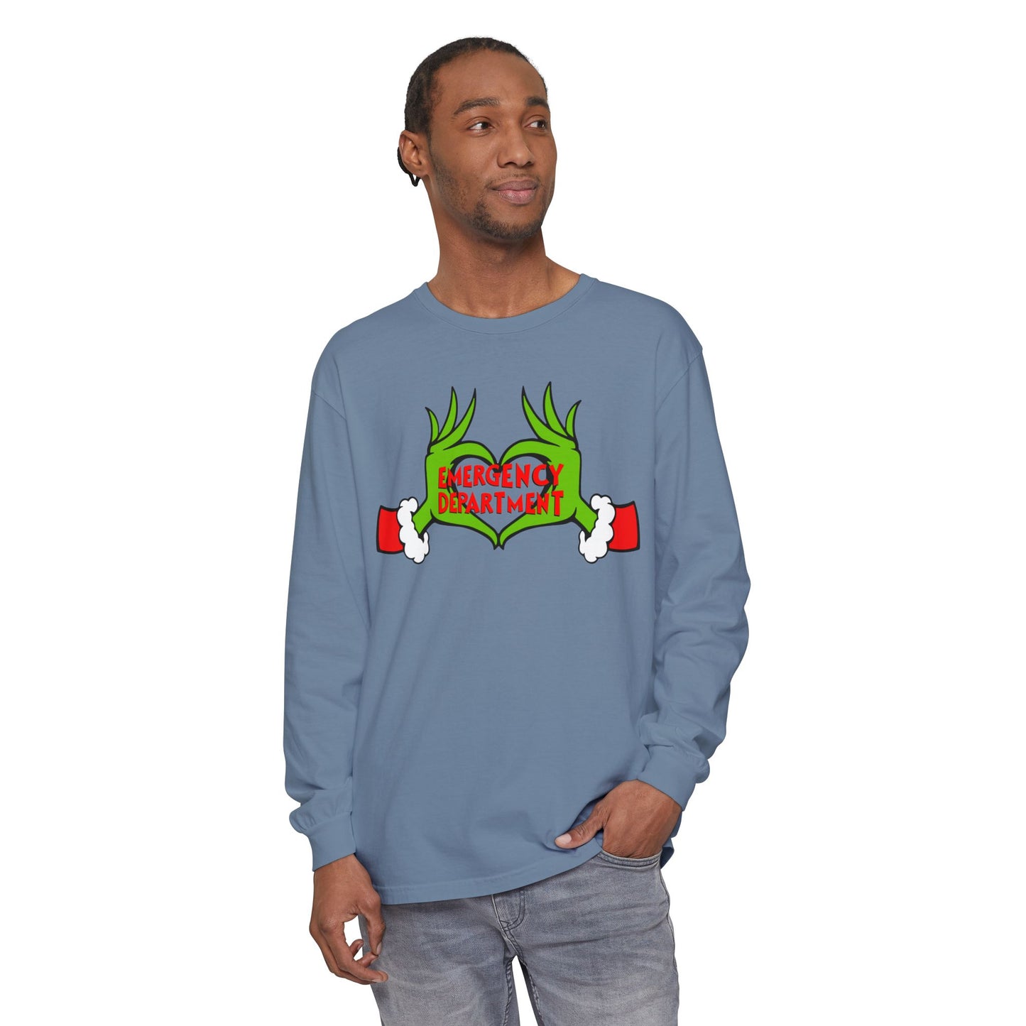 Grinch heart hands Emergency Department with EMS ornament Unisex Garment-dyed Long Sleeve T-Shirt