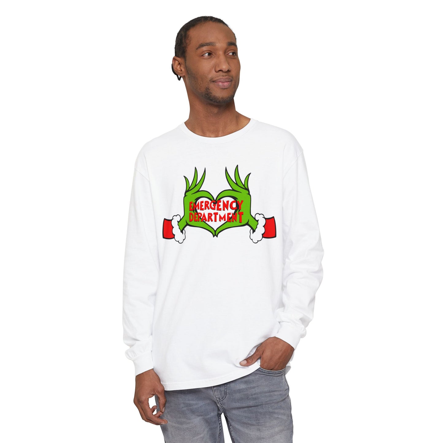 Grinch heart hands Emergency Department with EMS ornament Unisex Garment-dyed Long Sleeve T-Shirt