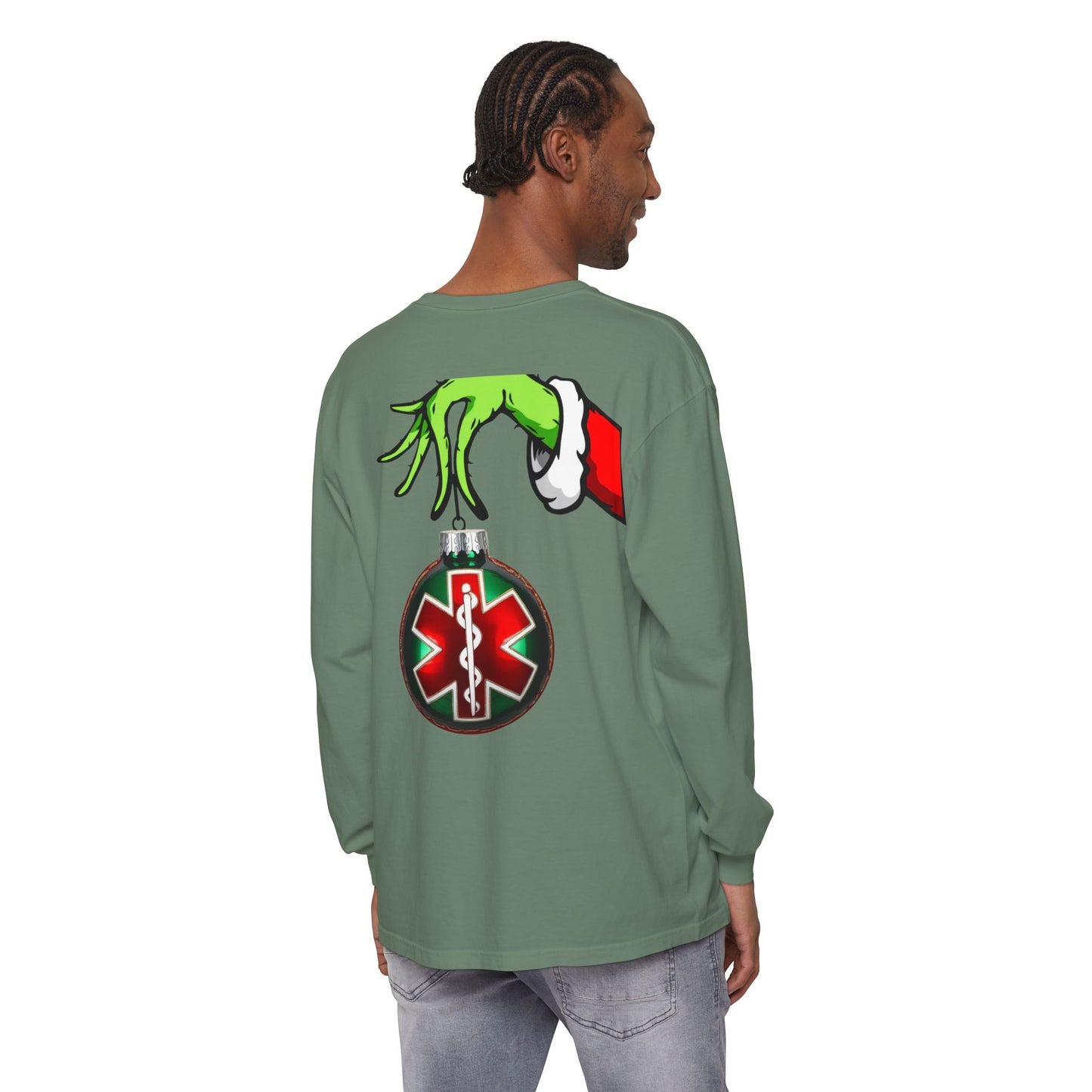 Grinch heart hands Emergency Department with EMS ornament Unisex Garment-dyed Long Sleeve T-Shirt