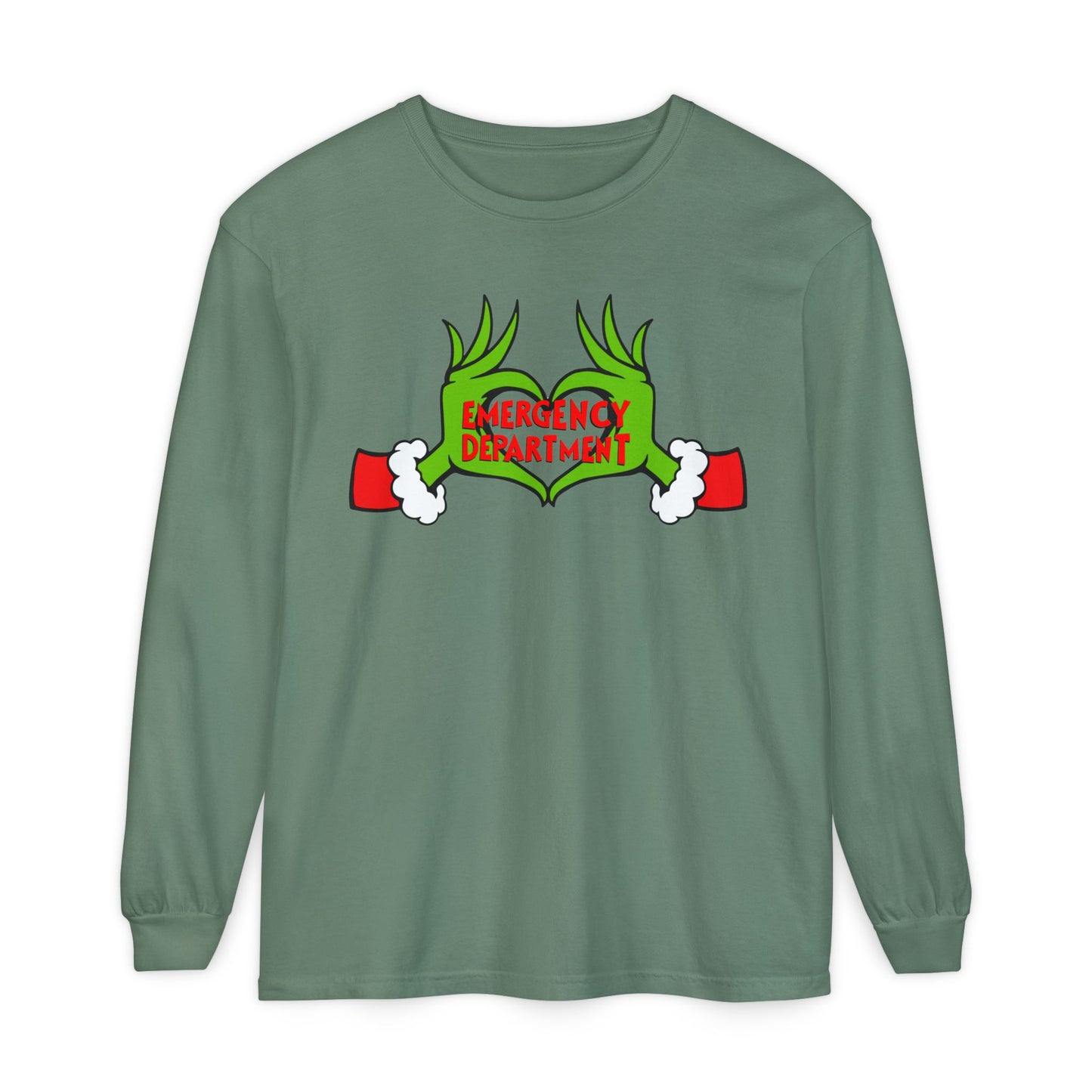 Grinch heart hands Emergency Department with EMS ornament Unisex Garment-dyed Long Sleeve T-Shirt