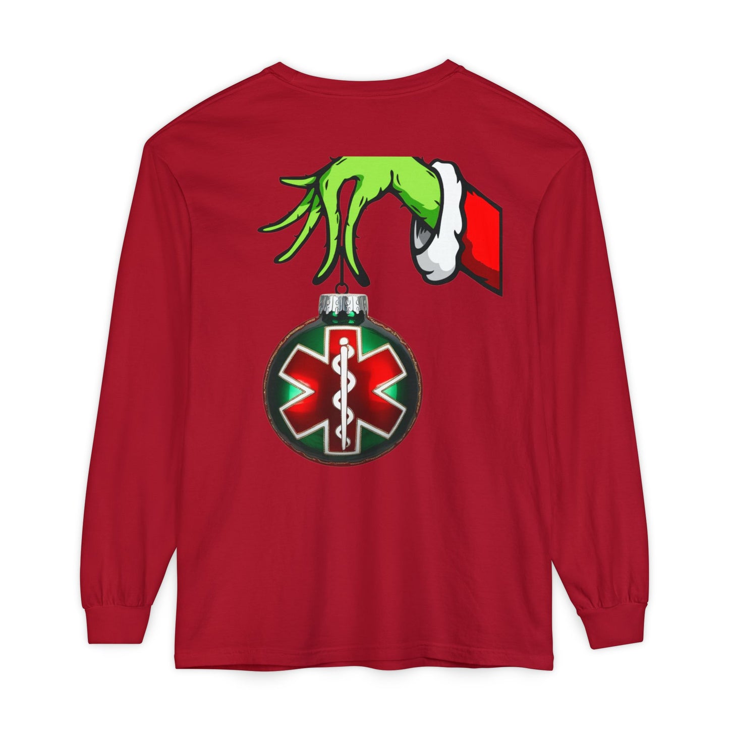 Grinch heart hands Emergency Department with EMS ornament Unisex Garment-dyed Long Sleeve T-Shirt