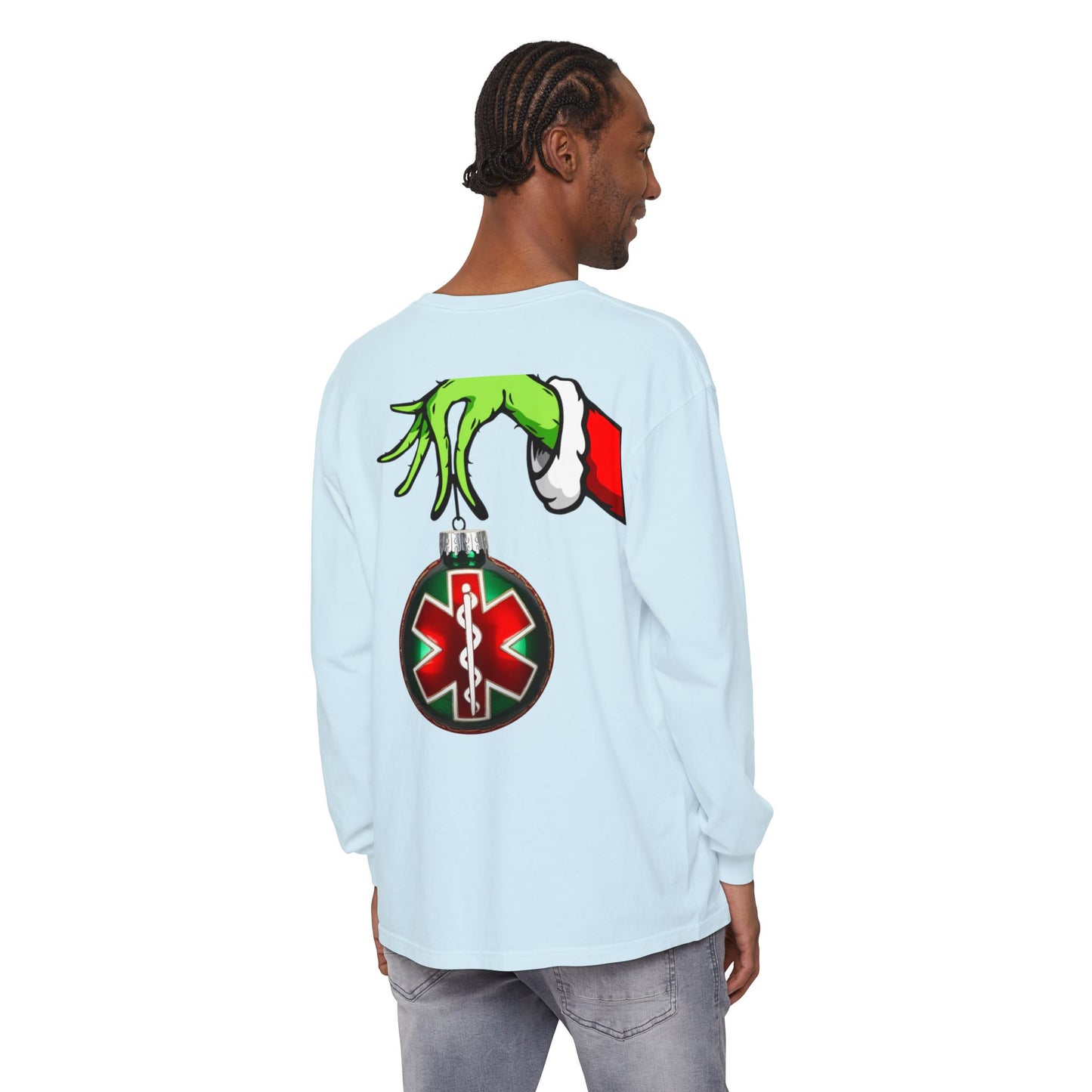Grinch heart hands Emergency Department with EMS ornament Unisex Garment-dyed Long Sleeve T-Shirt