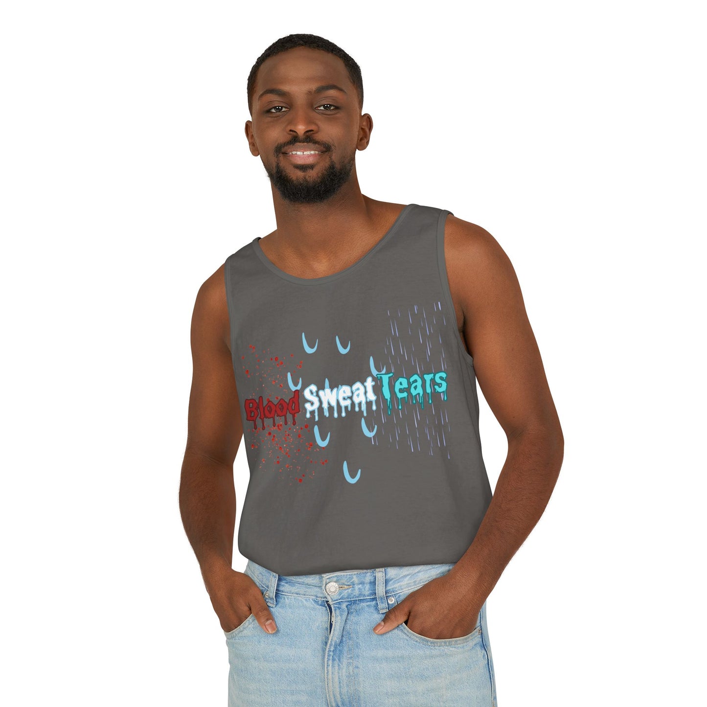 Blood sweat and tears stacked skull workout Unisex Garment-Dyed Tank Top