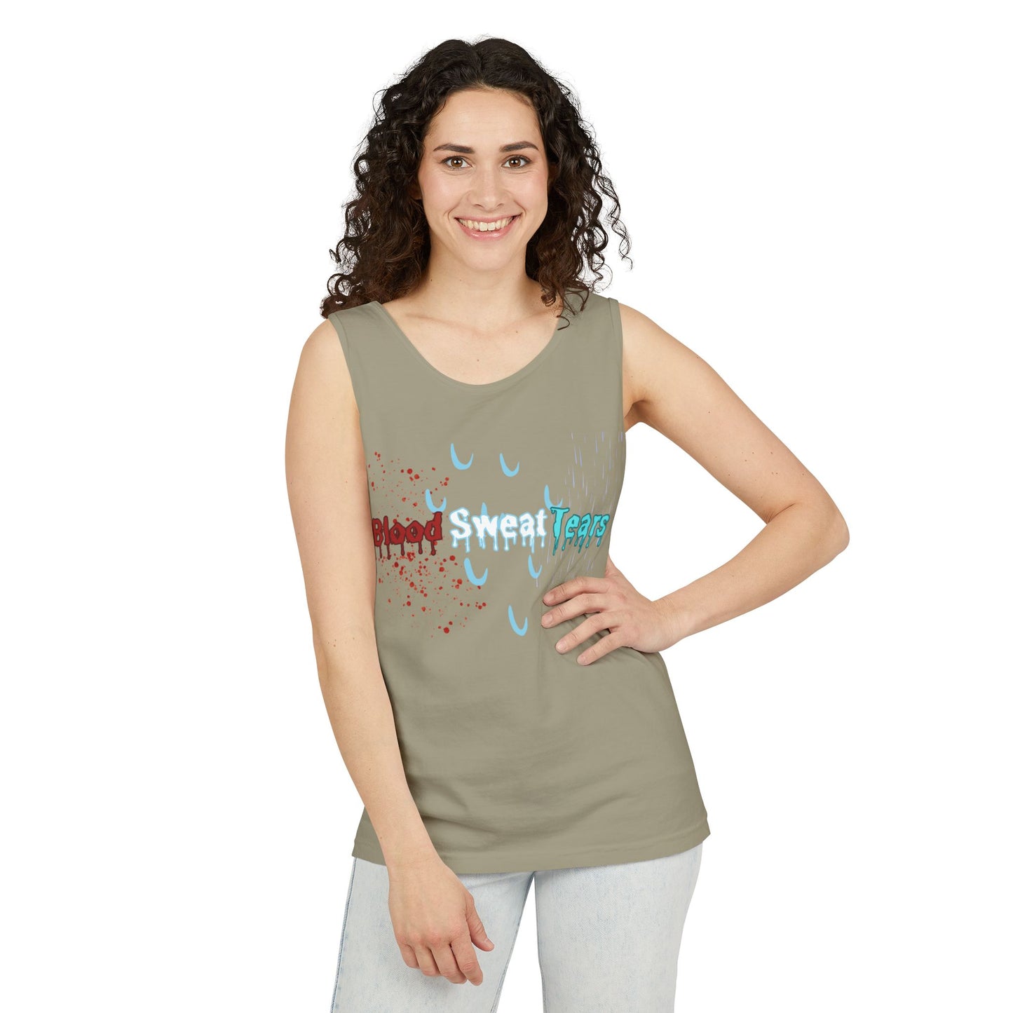 Blood sweat and tears stacked skull workout Unisex Garment-Dyed Tank Top
